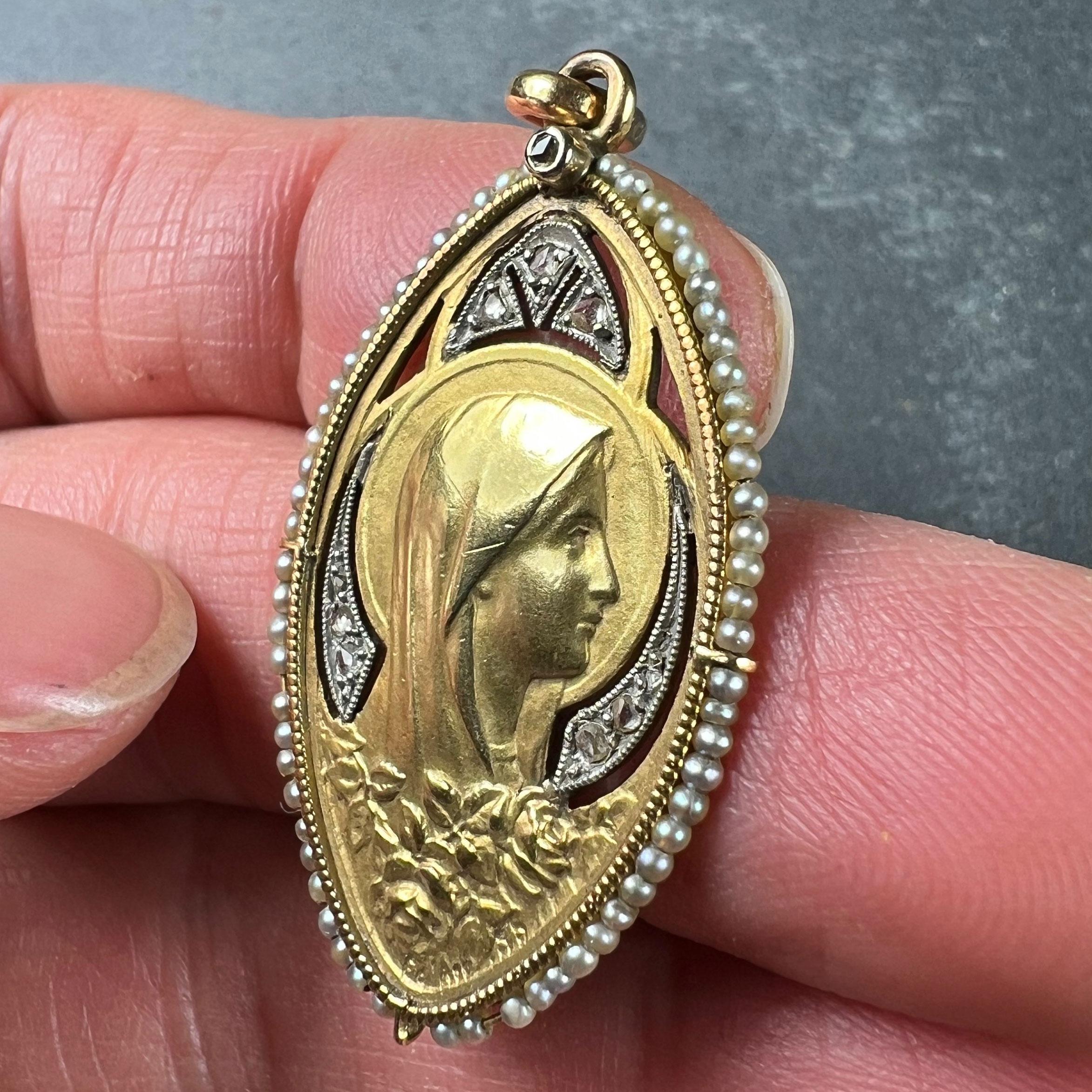 Antique Virgin Mary 18K Yellow Gold Pearl Diamond Medal Pendant For Sale 1