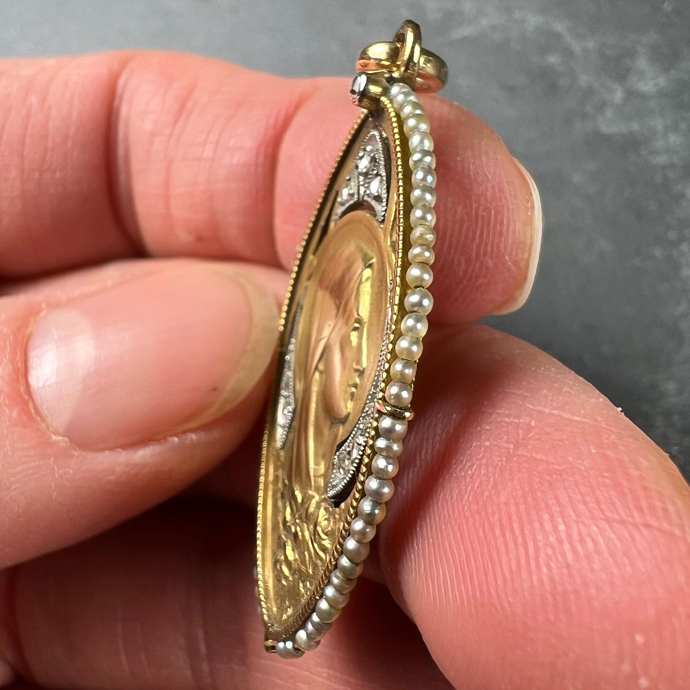 Antique Virgin Mary 18K Yellow Gold Pearl Diamond Medal Pendant For Sale 2