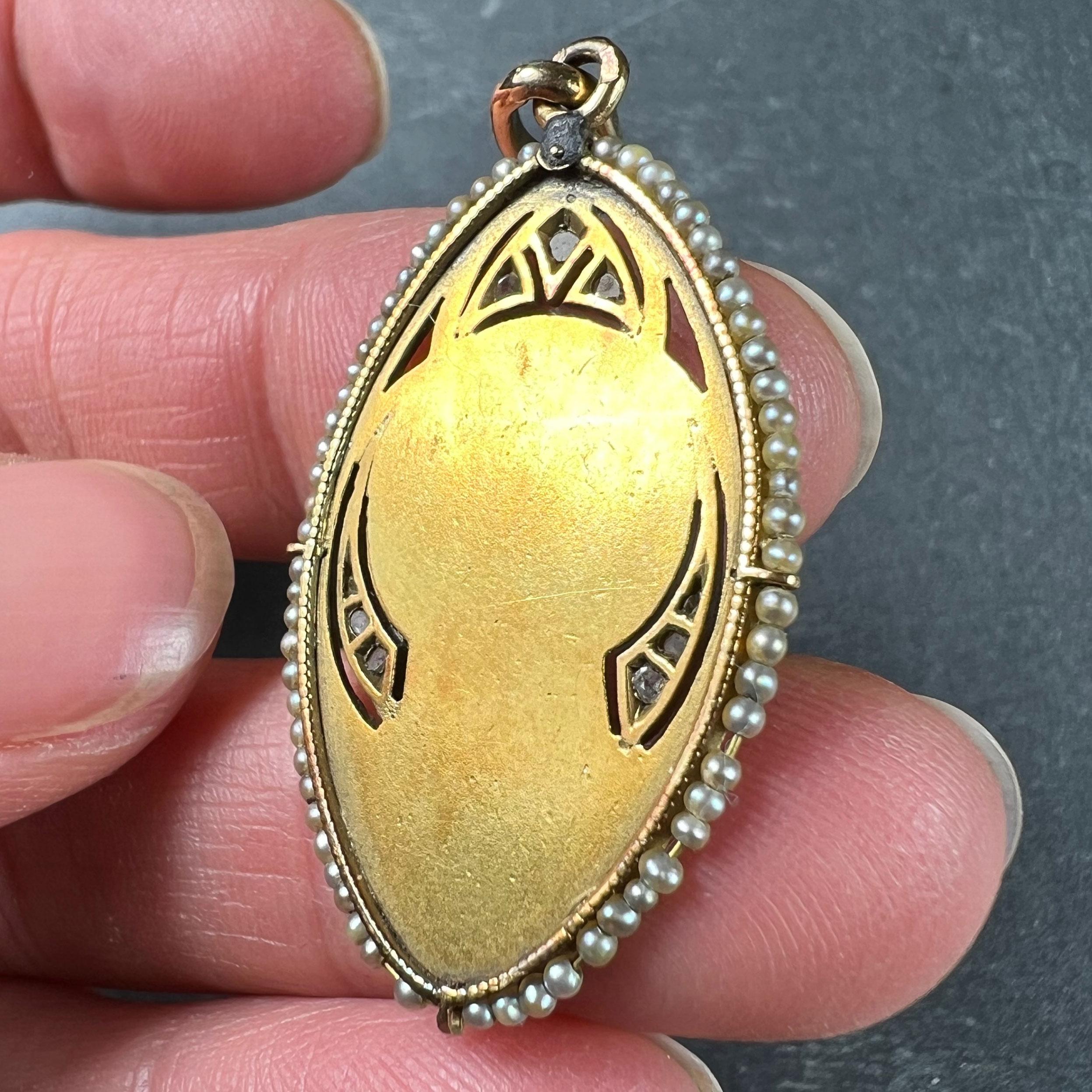 Antique Virgin Mary 18K Yellow Gold Pearl Diamond Medal Pendant For Sale 3