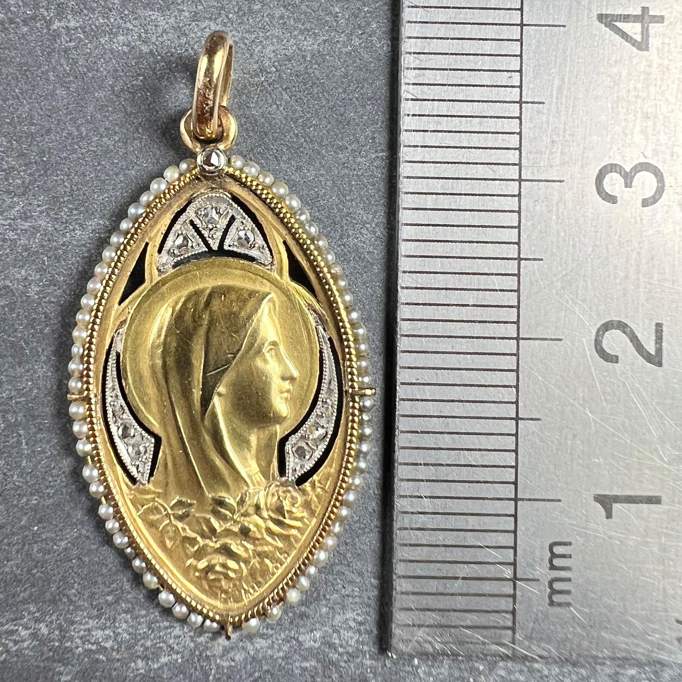 Antique Virgin Mary 18K Yellow Gold Pearl Diamond Medal Pendant For Sale 4