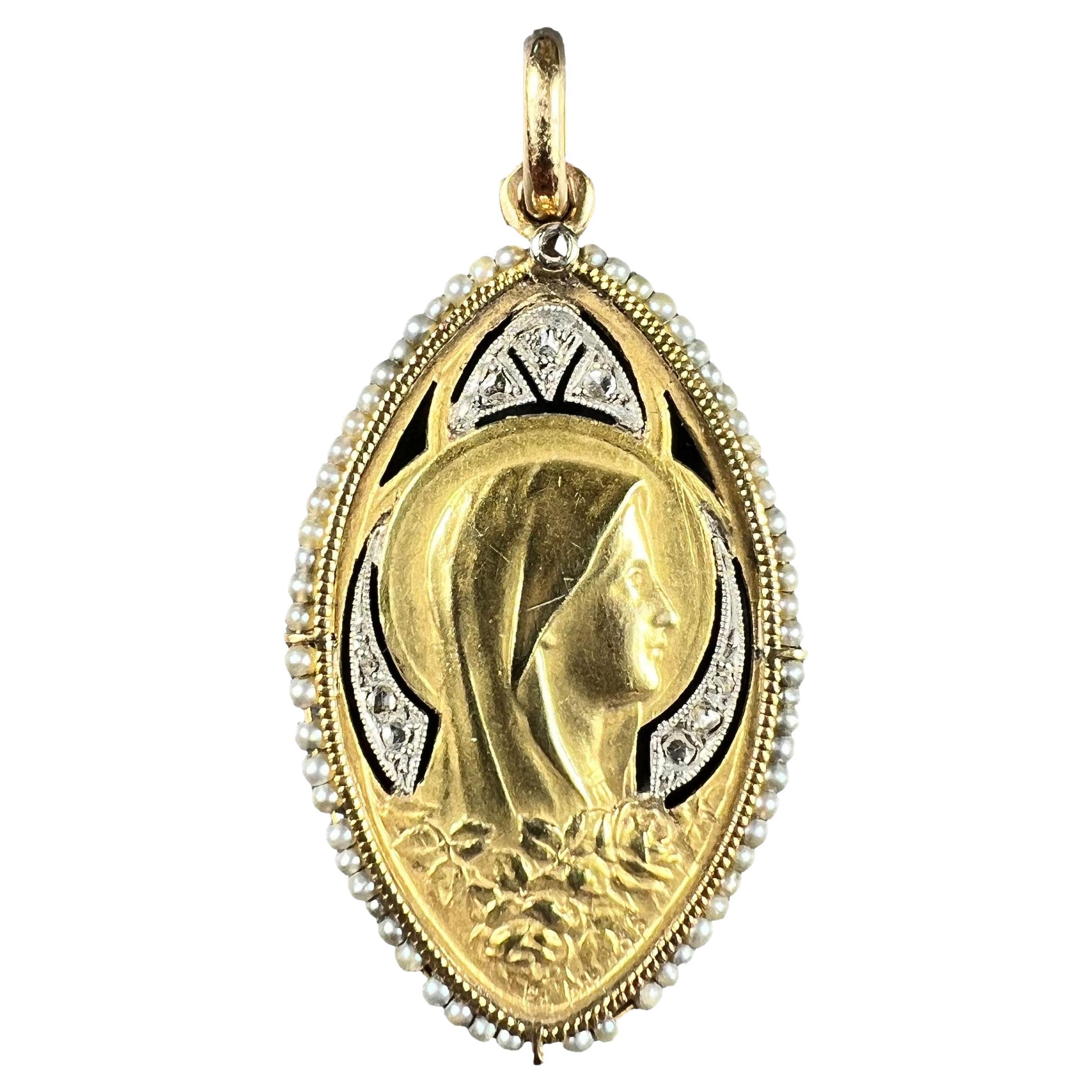 Antique Virgin Mary 18K Yellow Gold Pearl Diamond Medal Pendant For Sale