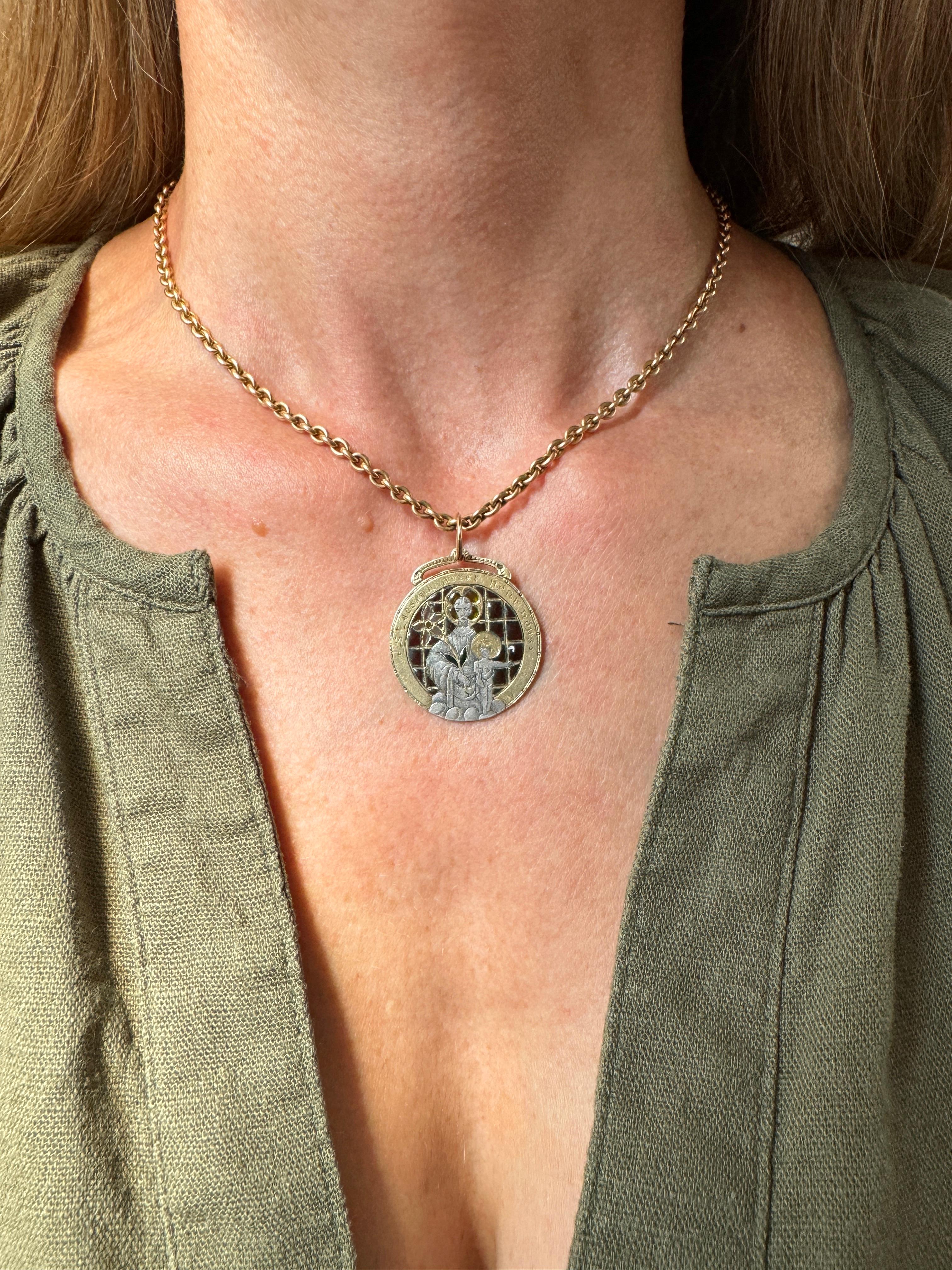 Antique Virgin Mary and St. Joseph Double Sided Plique a Jour Medallion Pendant In Good Condition For Sale In Hummelstown, PA