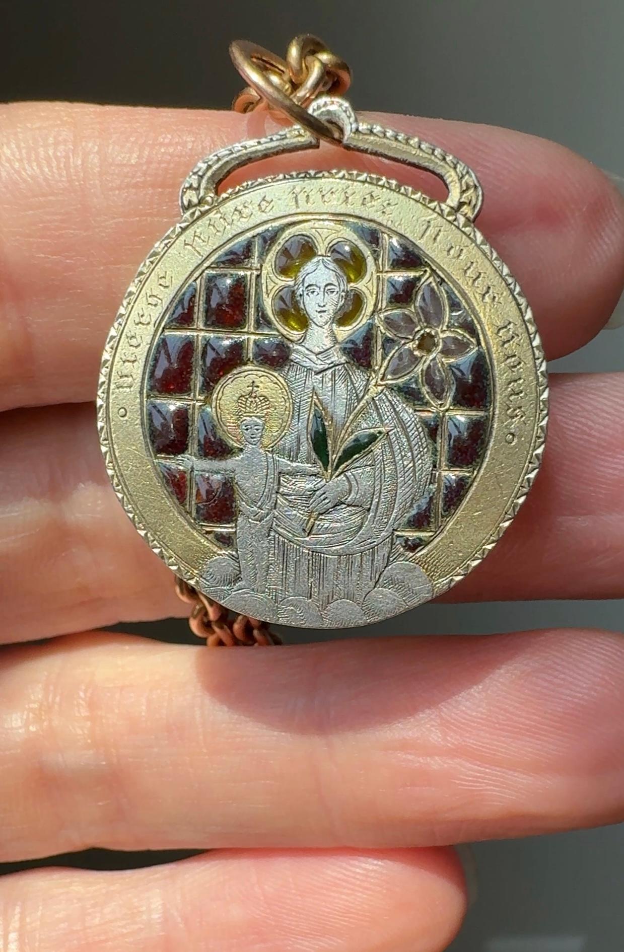 Women's or Men's Antique Virgin Mary and St. Joseph Double Sided Plique a Jour Medallion Pendant For Sale