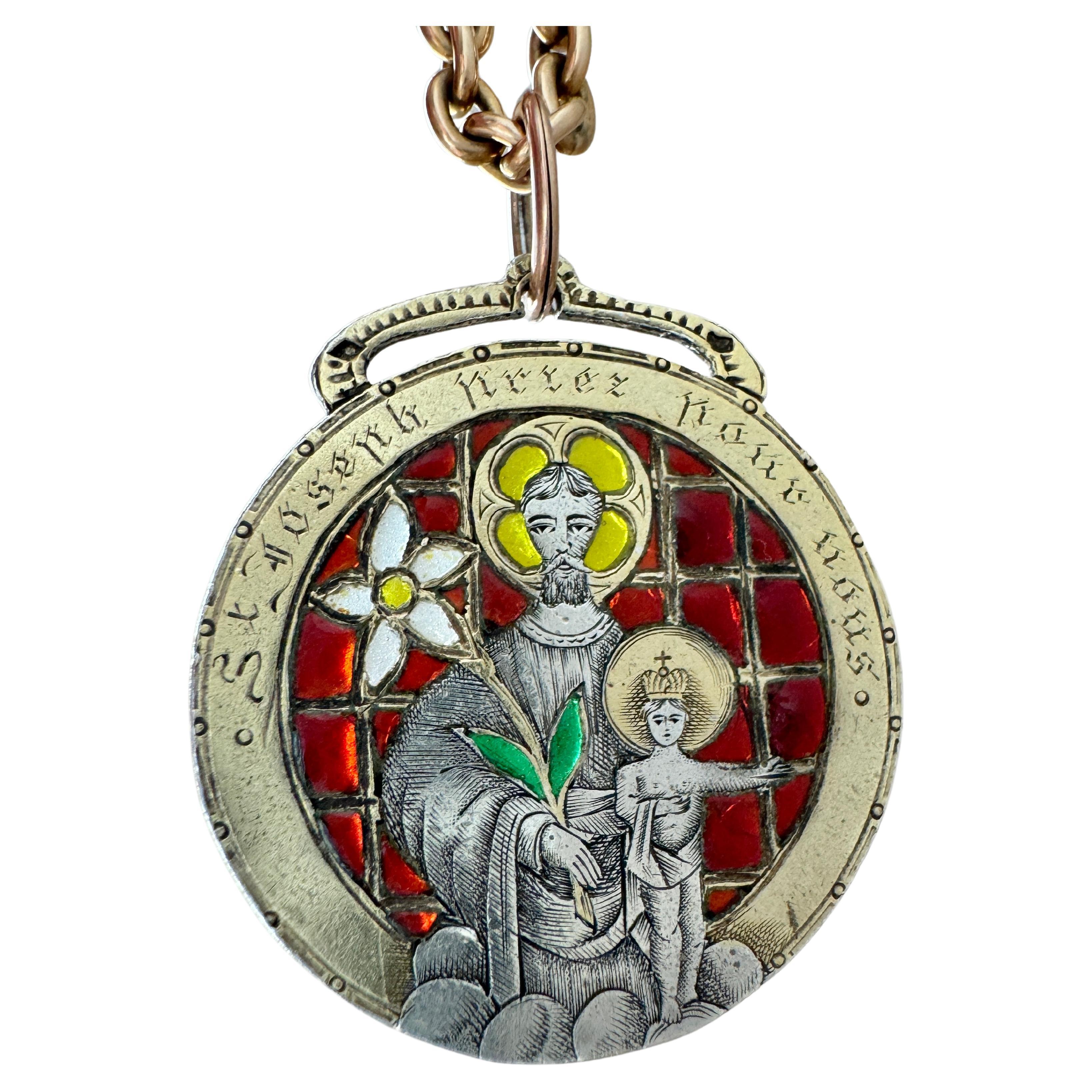 Antique Virgin Mary and St. Joseph Double Sided Plique a Jour Medallion Pendant For Sale