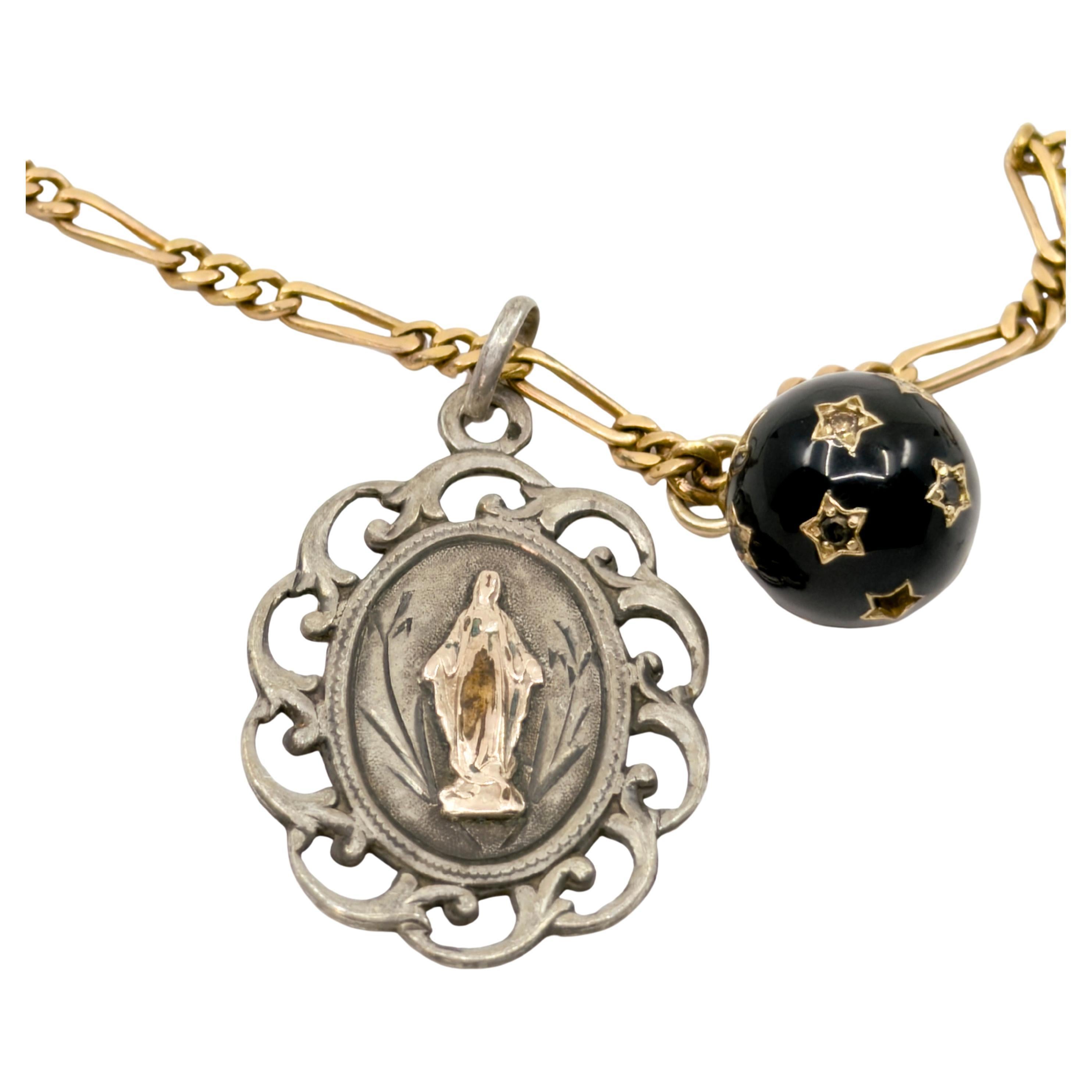 Antique Virgin Mary Silver Medal Necklace with Diamond-Set Enamel Orb on Vintage