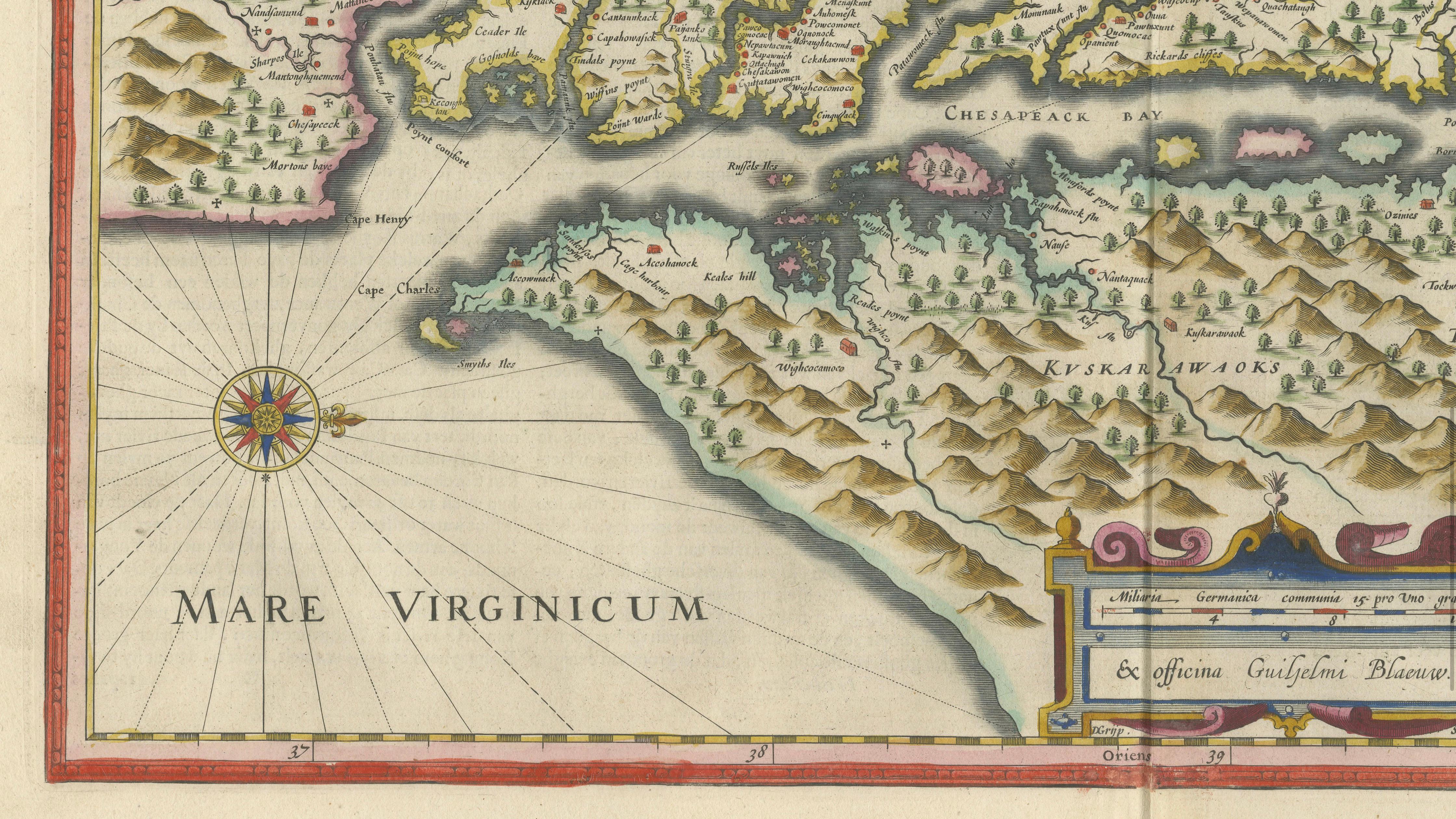 Antique Virginia Map Blaeu c.1642 – Jamestown, Powhatan, Chesapeake