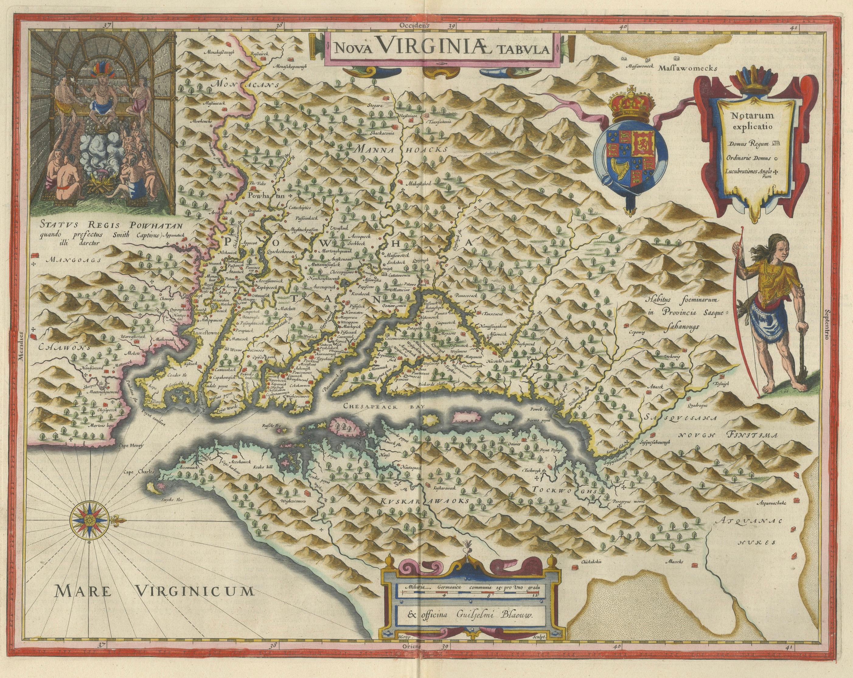 Antique Virginia Map Blaeu c.1642 – Jamestown, Powhatan, Chesapeake