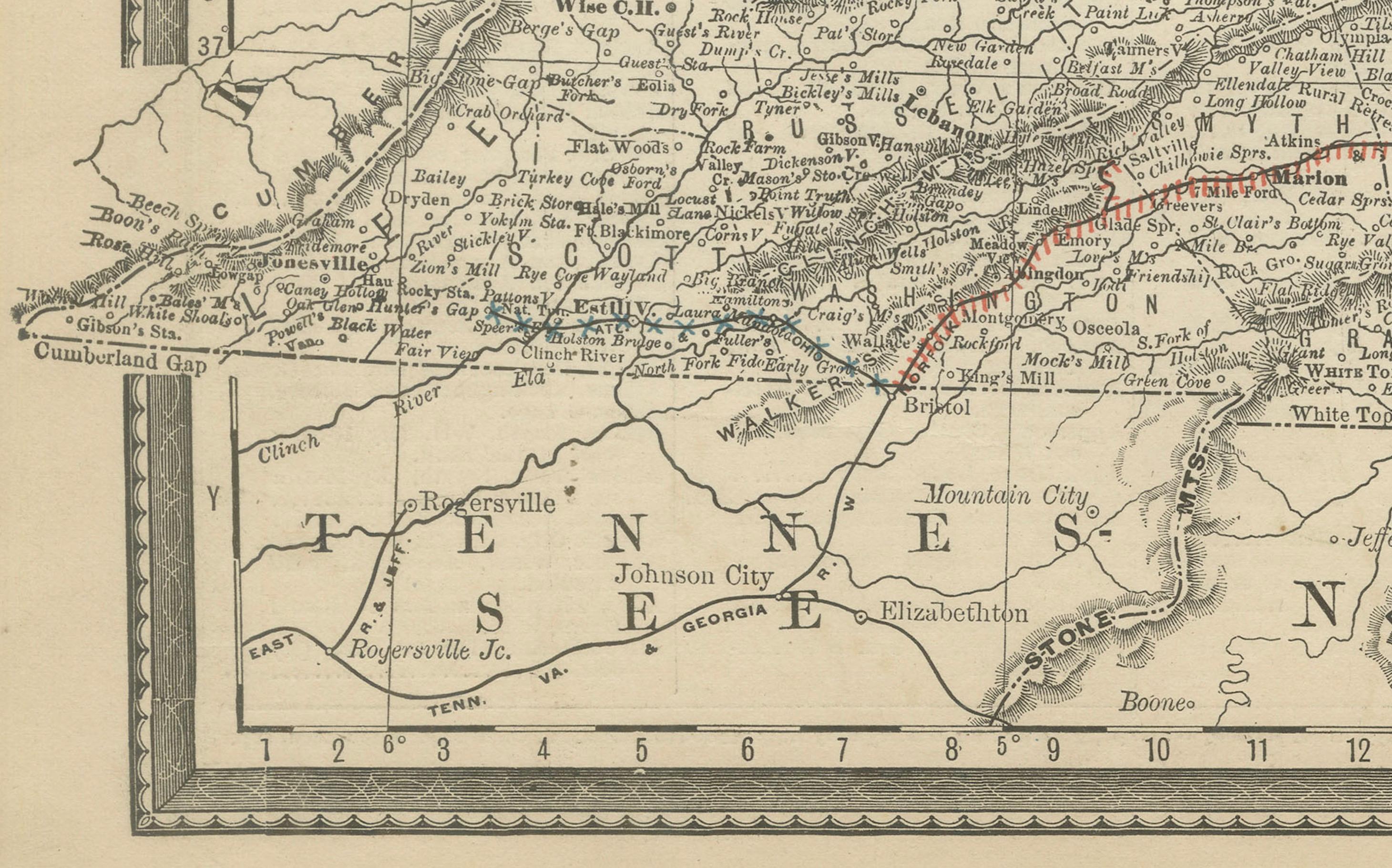 Antique Virginia Map c.1888 – Railroads, Towns & The Old Dominion For Sale 3