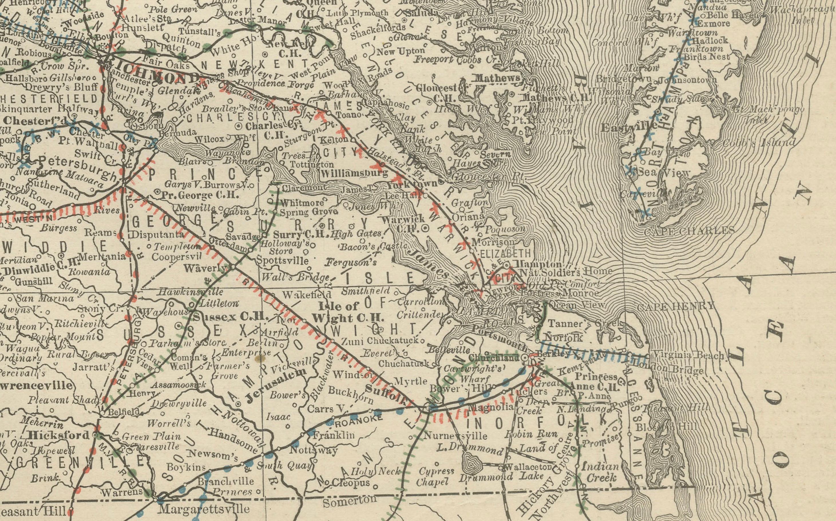 Engraved Antique Virginia Map c.1888 – Railroads, Towns & The Old Dominion For Sale