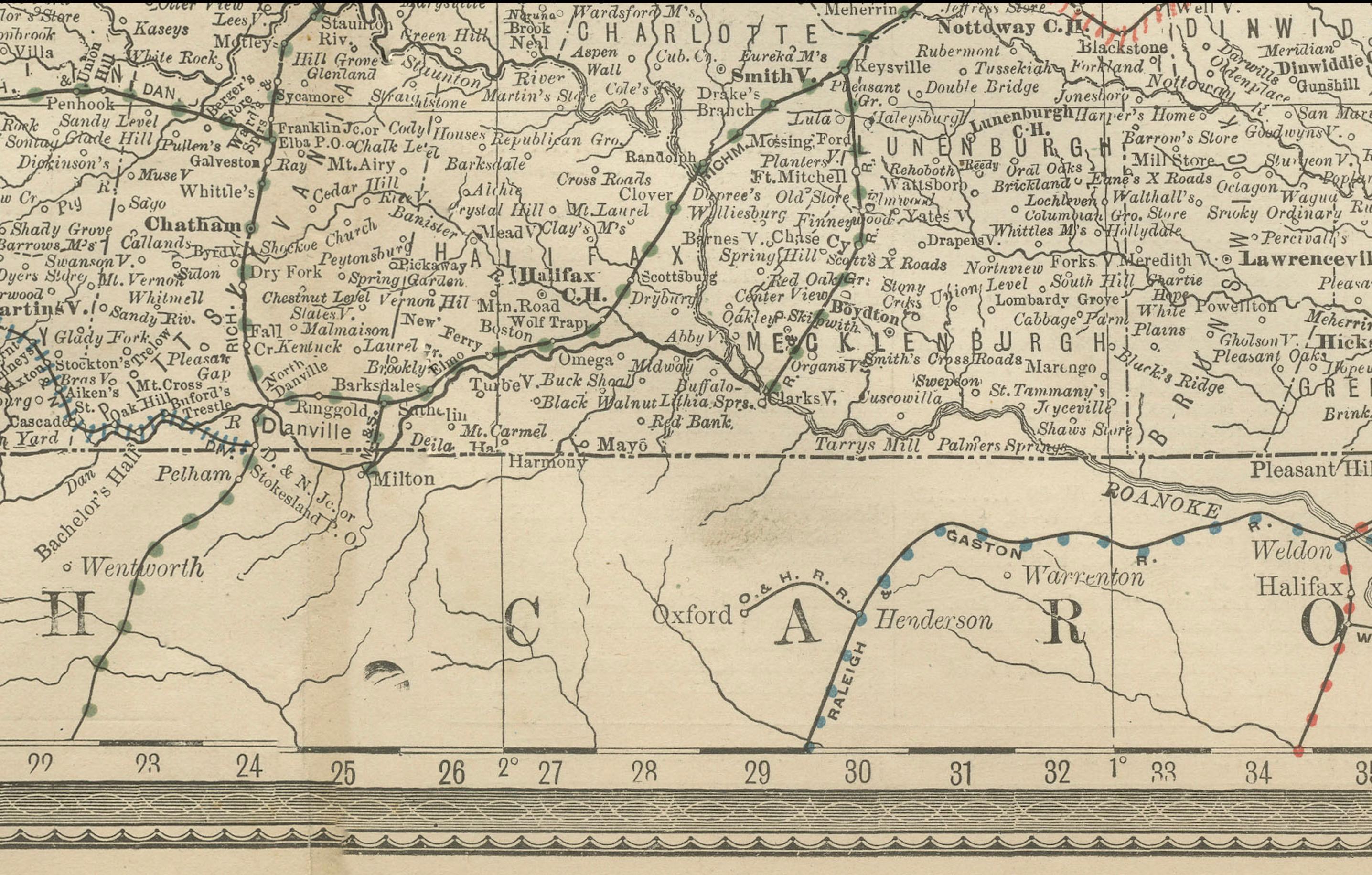 Antique Virginia Map c.1888 – Railroads, Towns & The Old Dominion In Good Condition For Sale In Langweer, NL