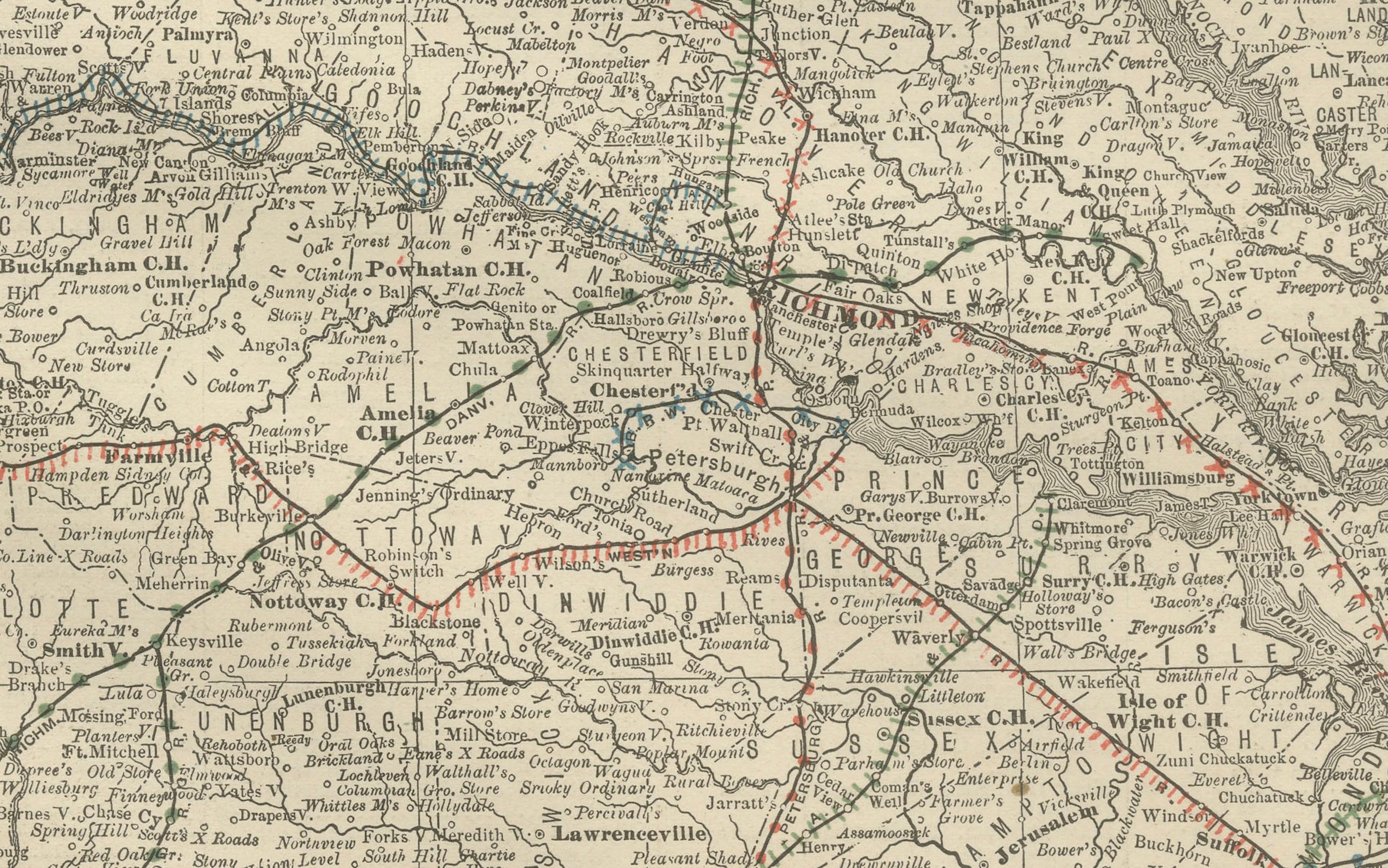 19th Century Antique Virginia Map c.1888 – Railroads, Towns & The Old Dominion For Sale