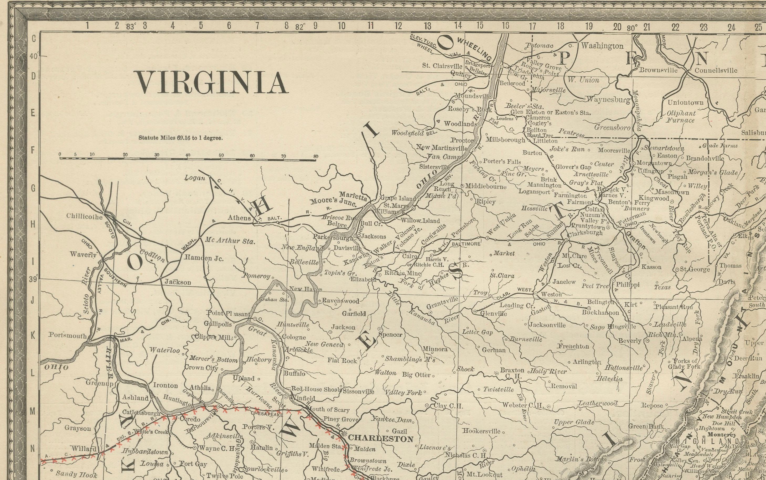 Antique Virginia Map c.1888 – Railroads, Towns & The Old Dominion For Sale 1