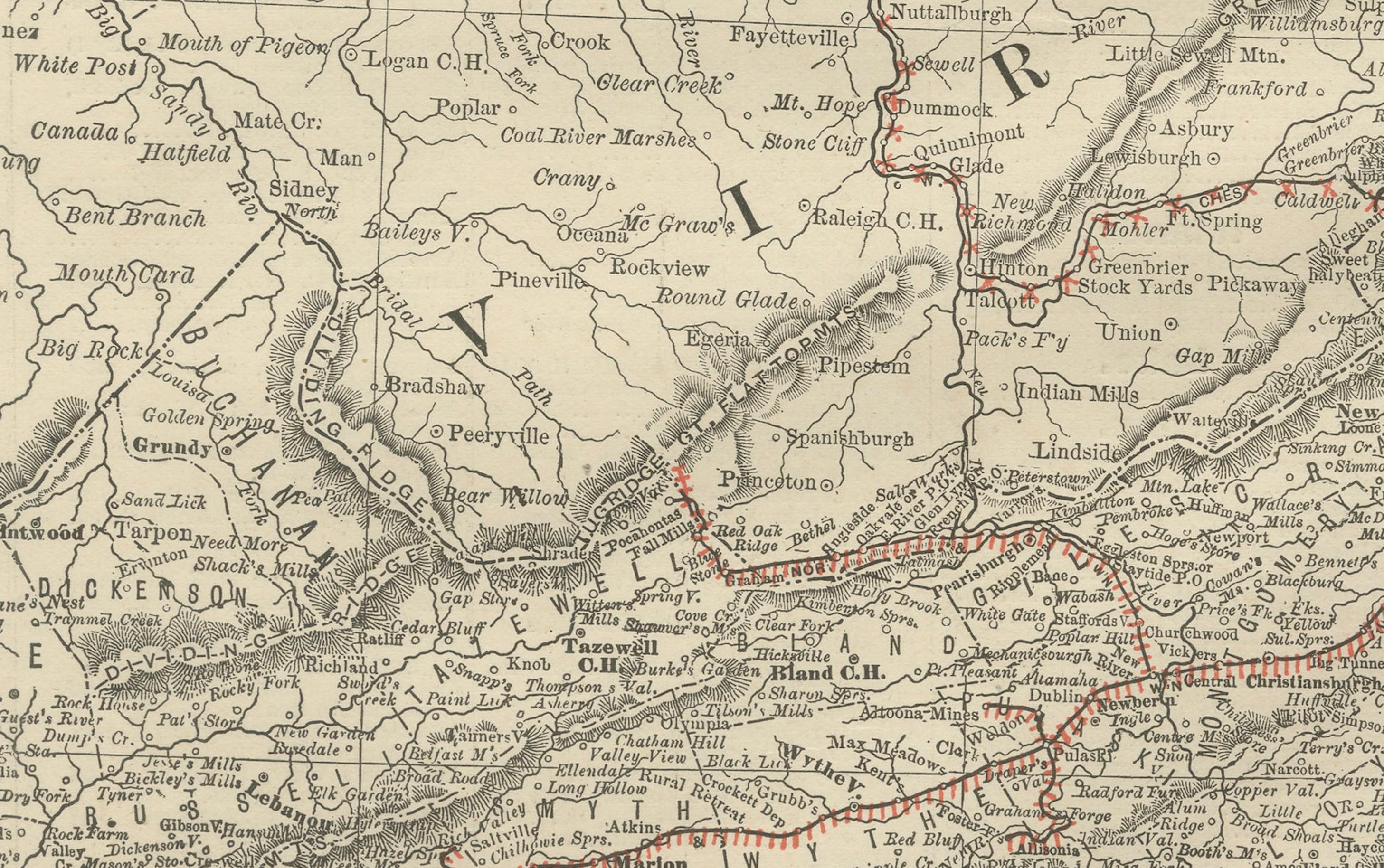 Antique Virginia Map c.1888 – Railroads, Towns & The Old Dominion For Sale 2