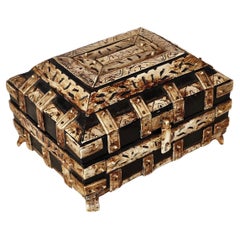 Antique Vizagapatam India Table Box Ebonized Wood & Bone Carvings