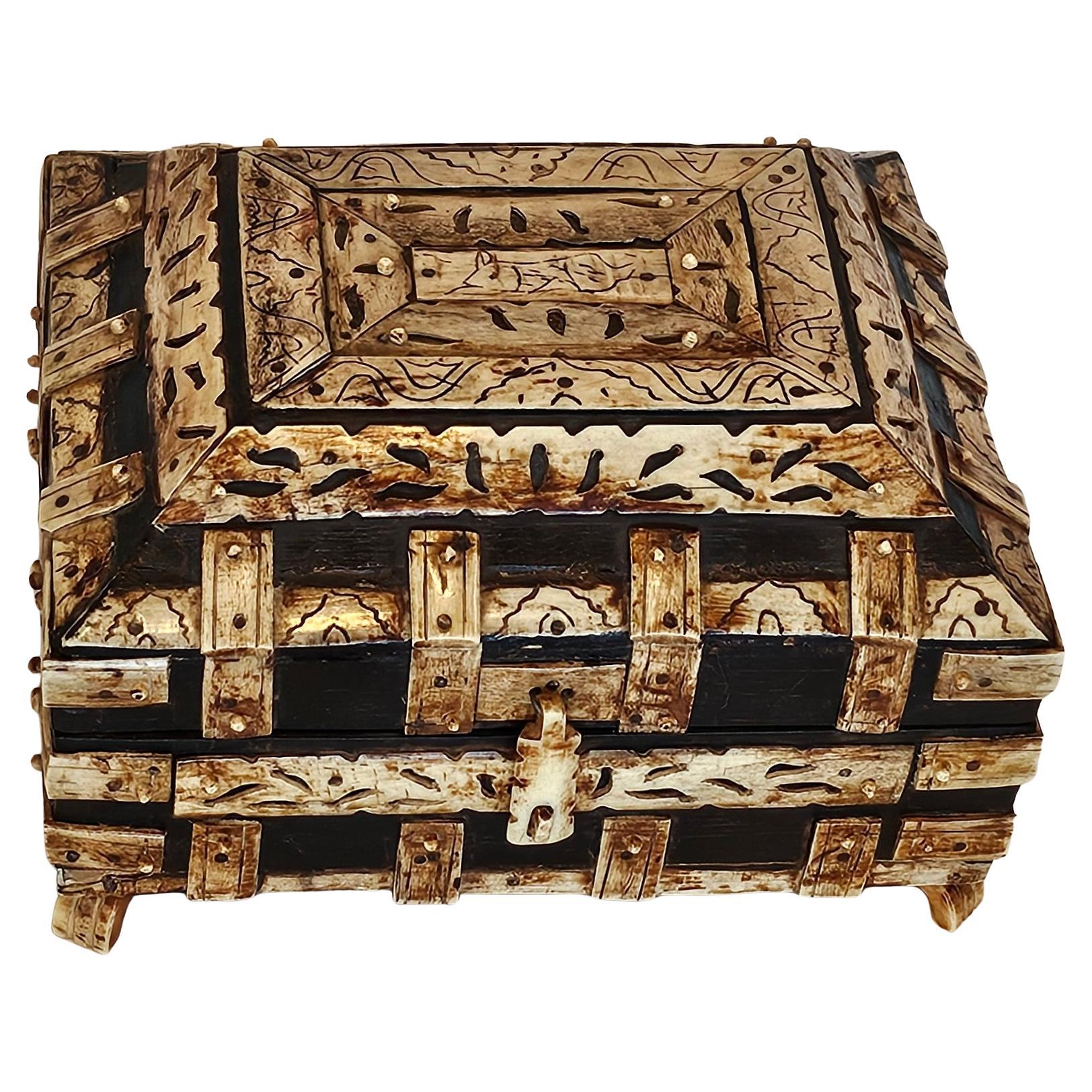 Anglo Raj Antique Vizagapatam India Table Box Ebonized Wood & Bone Carvings For Sale