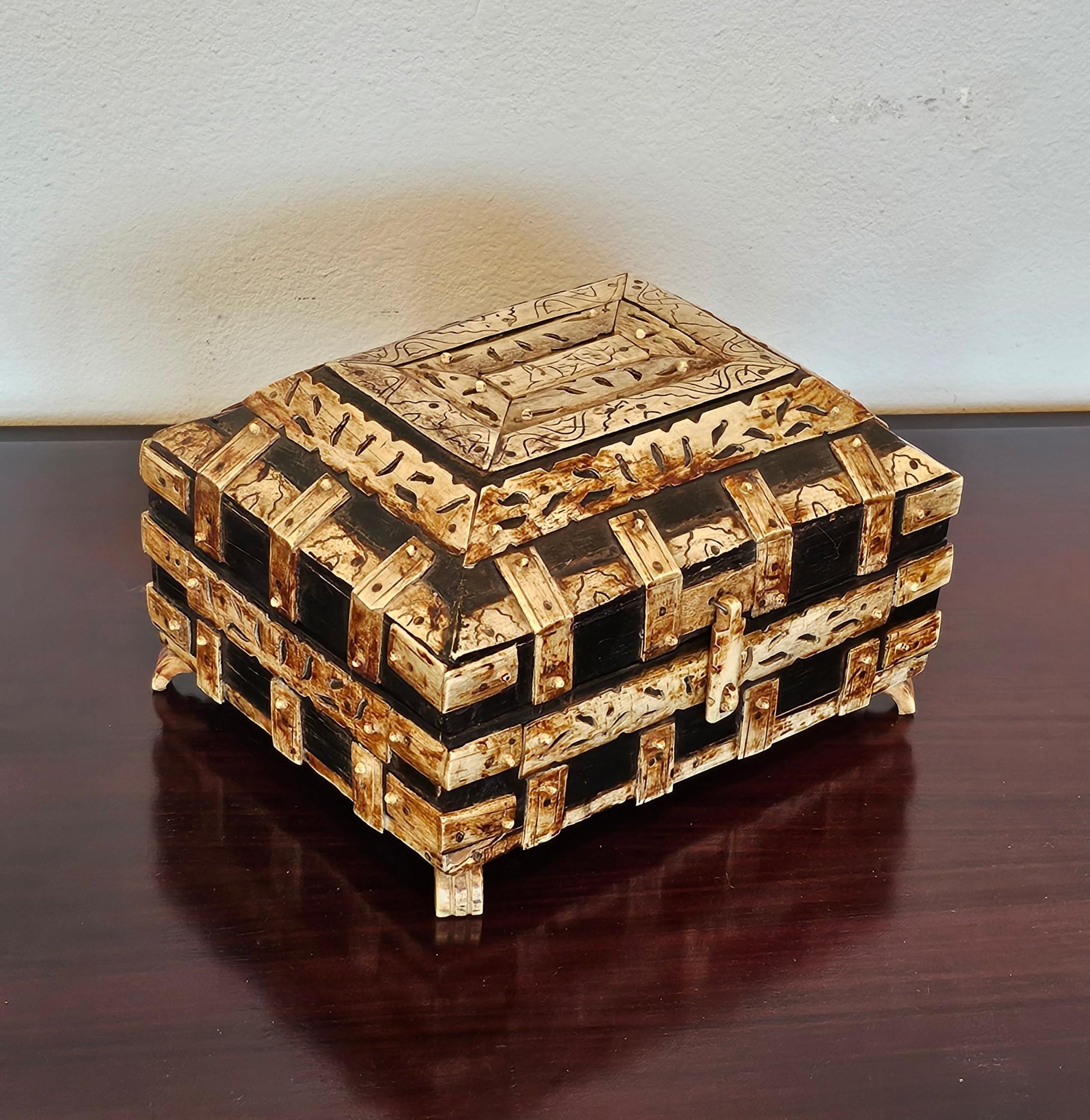 Indian Antique Vizagapatam India Table Box Ebonized Wood & Bone Carvings For Sale