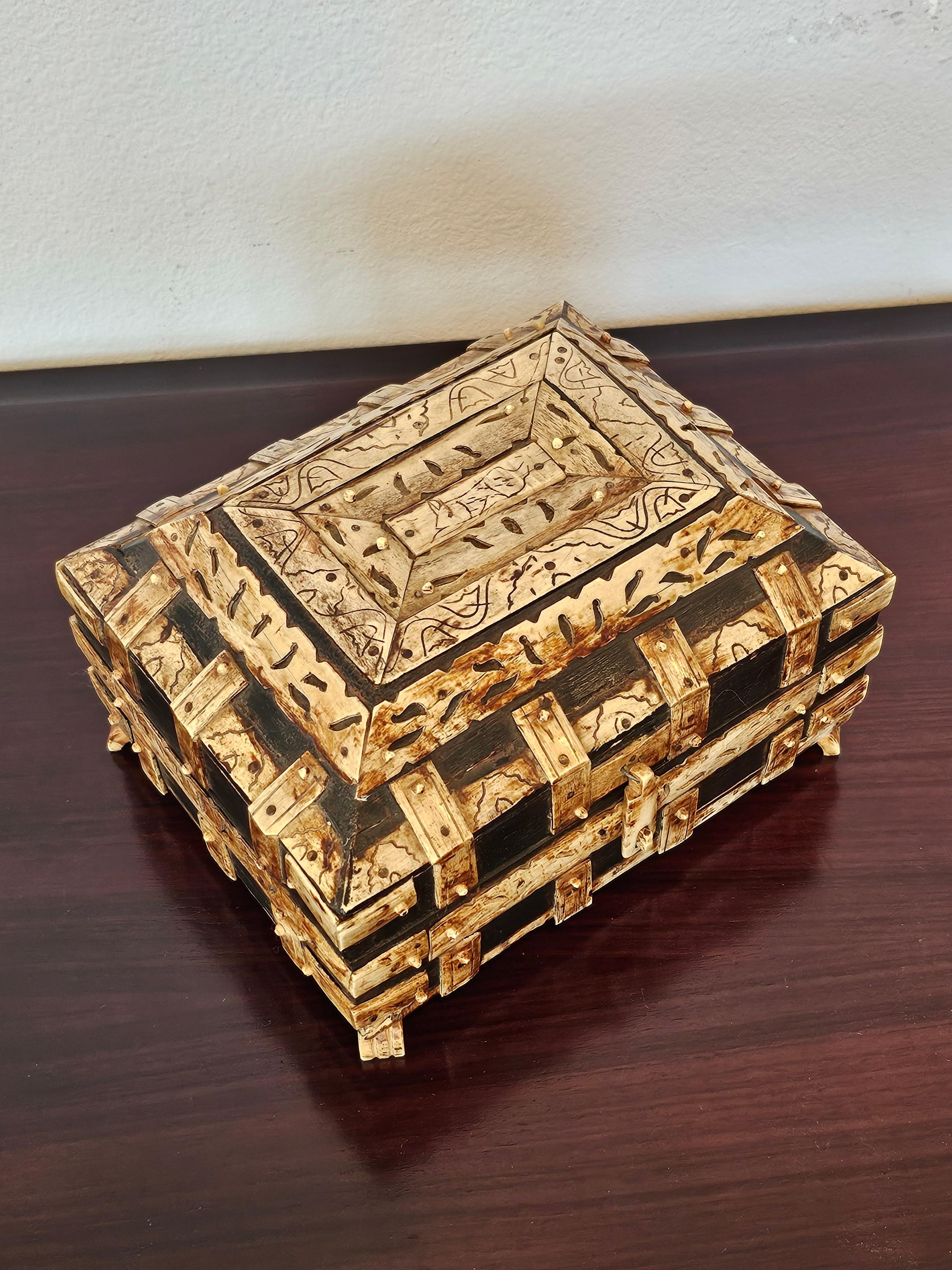 Hand-Carved Antique Vizagapatam India Table Box Ebonized Wood & Bone Carvings For Sale