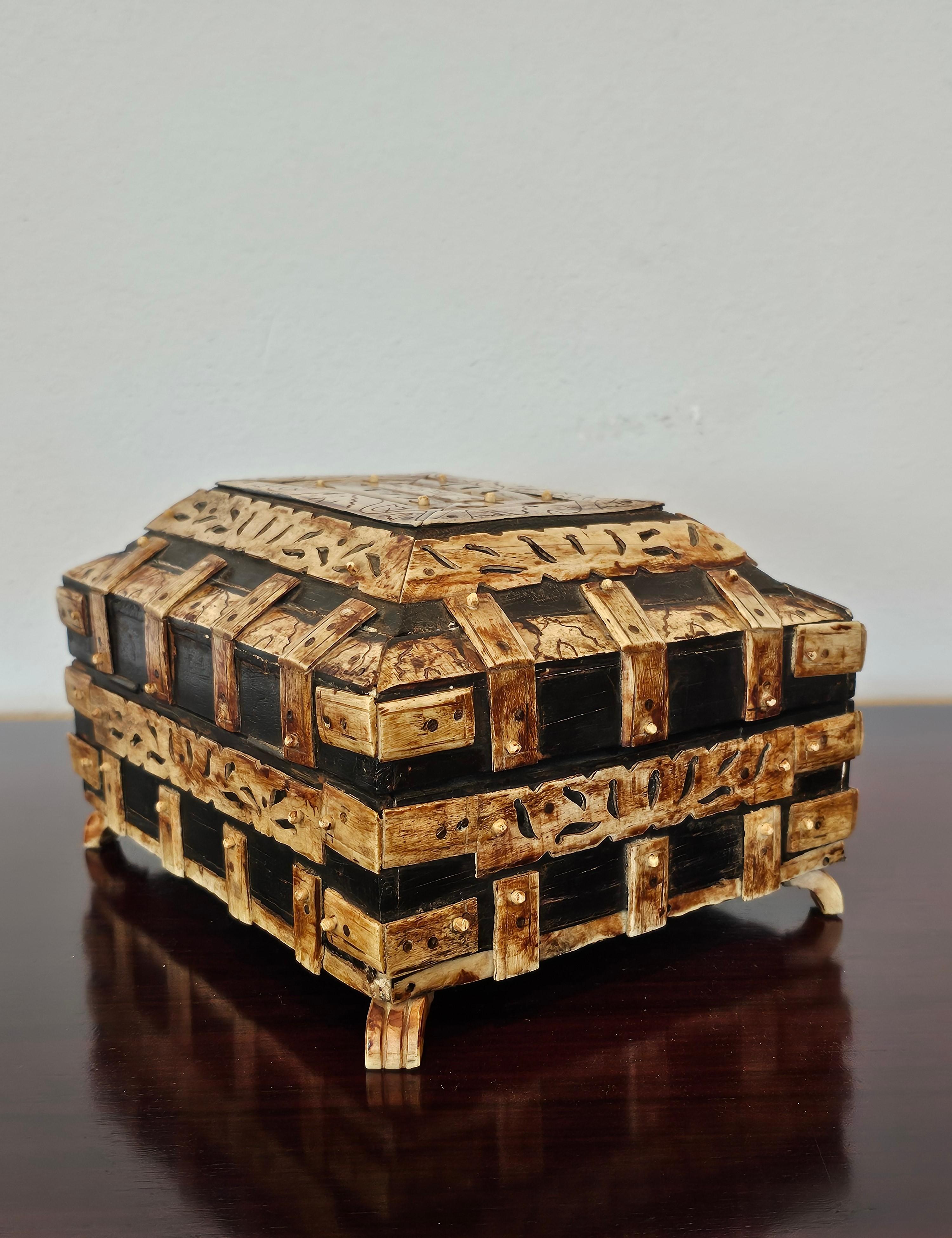 19th Century Antique Vizagapatam India Table Box Ebonized Wood & Bone Carvings For Sale