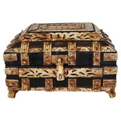 Antique Vizagapatam India Table Box Ebonized Wood & Bone Carvings