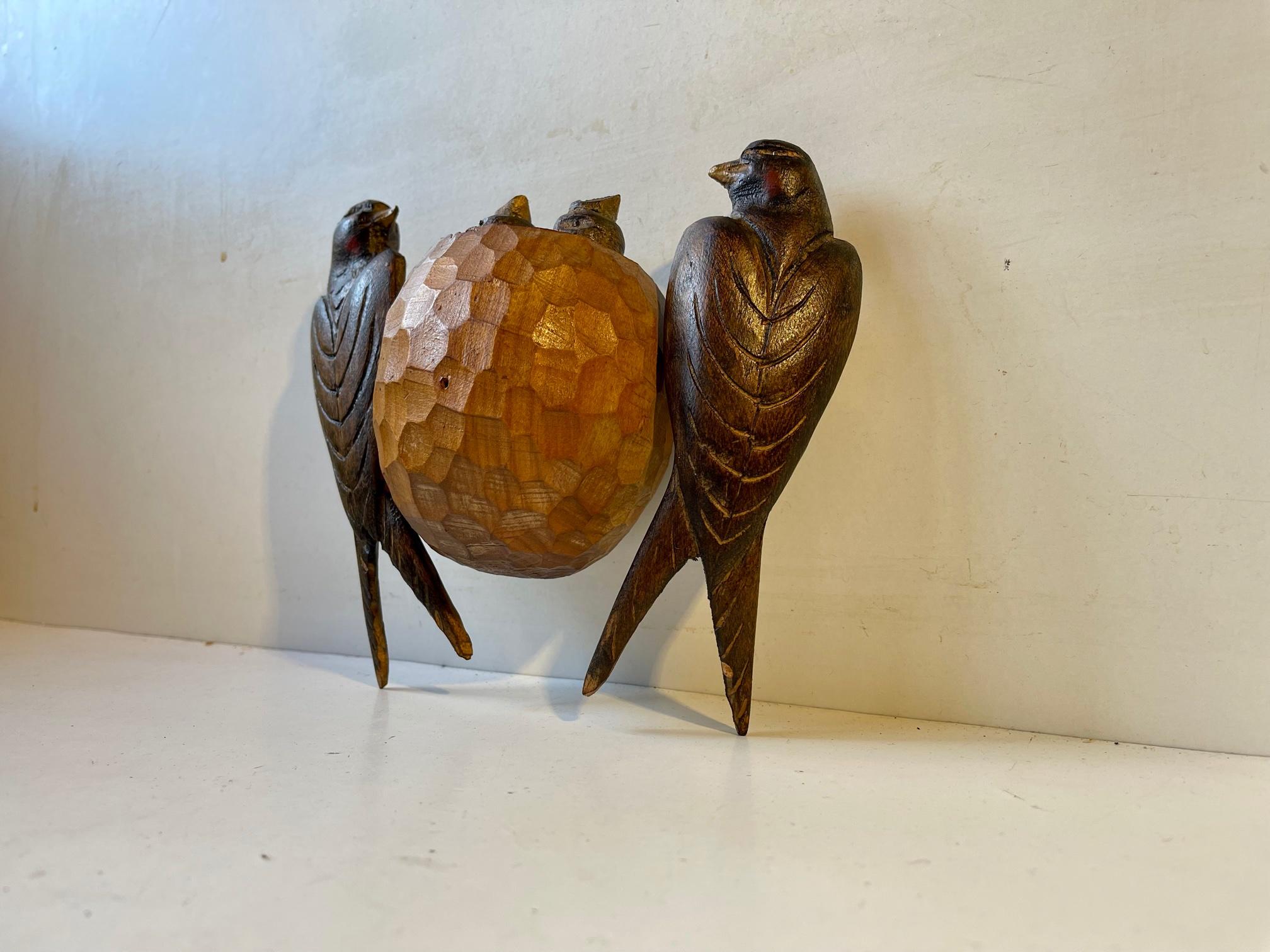 Hand-Carved Antique Volk Art Wall Figurine Nesting Swallows, 19th Century