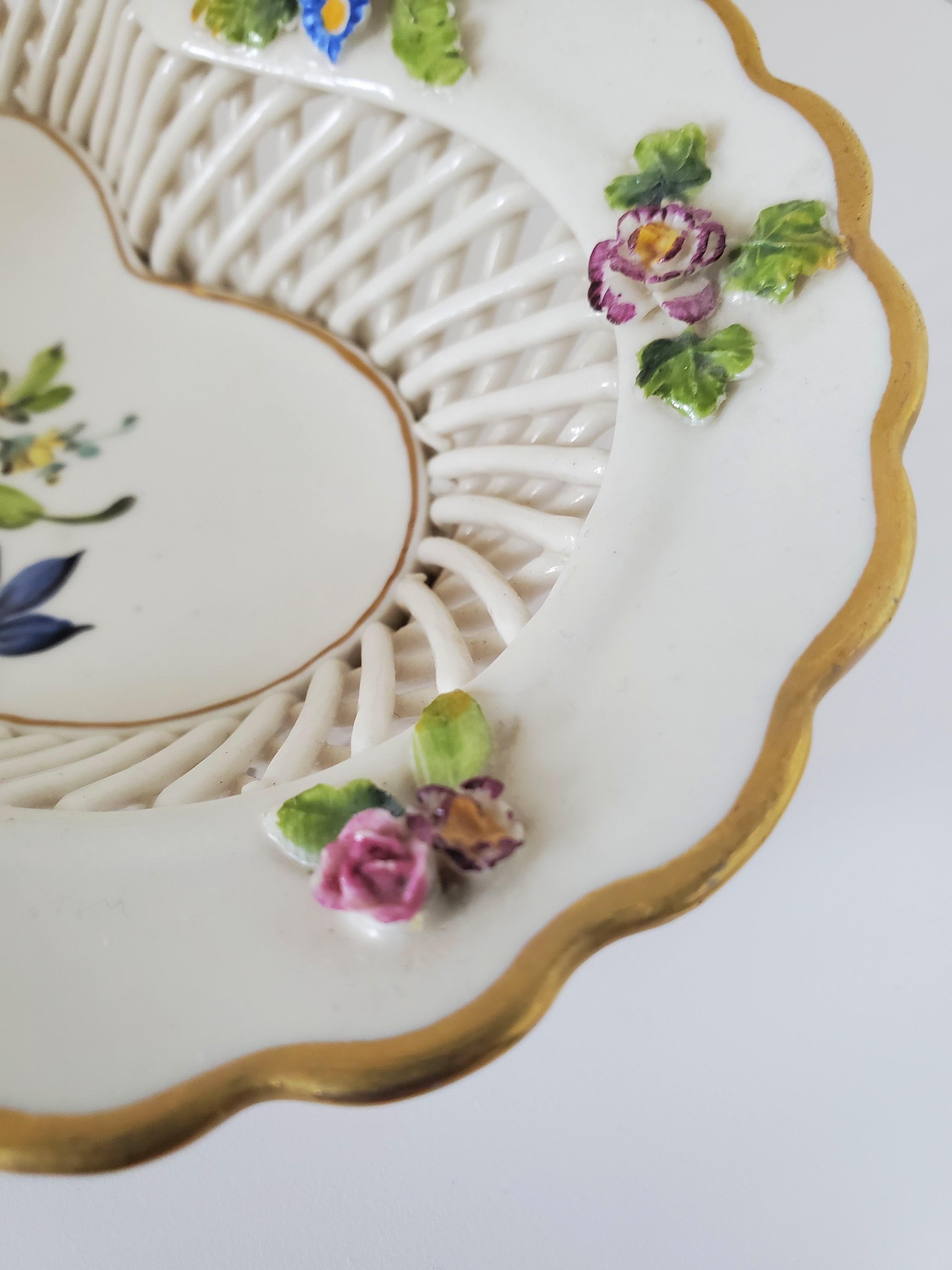 Rococo Revival Antique Von Schierholz Rococo Meissen-Style Floral Encrusted Porcelain Basket For Sale