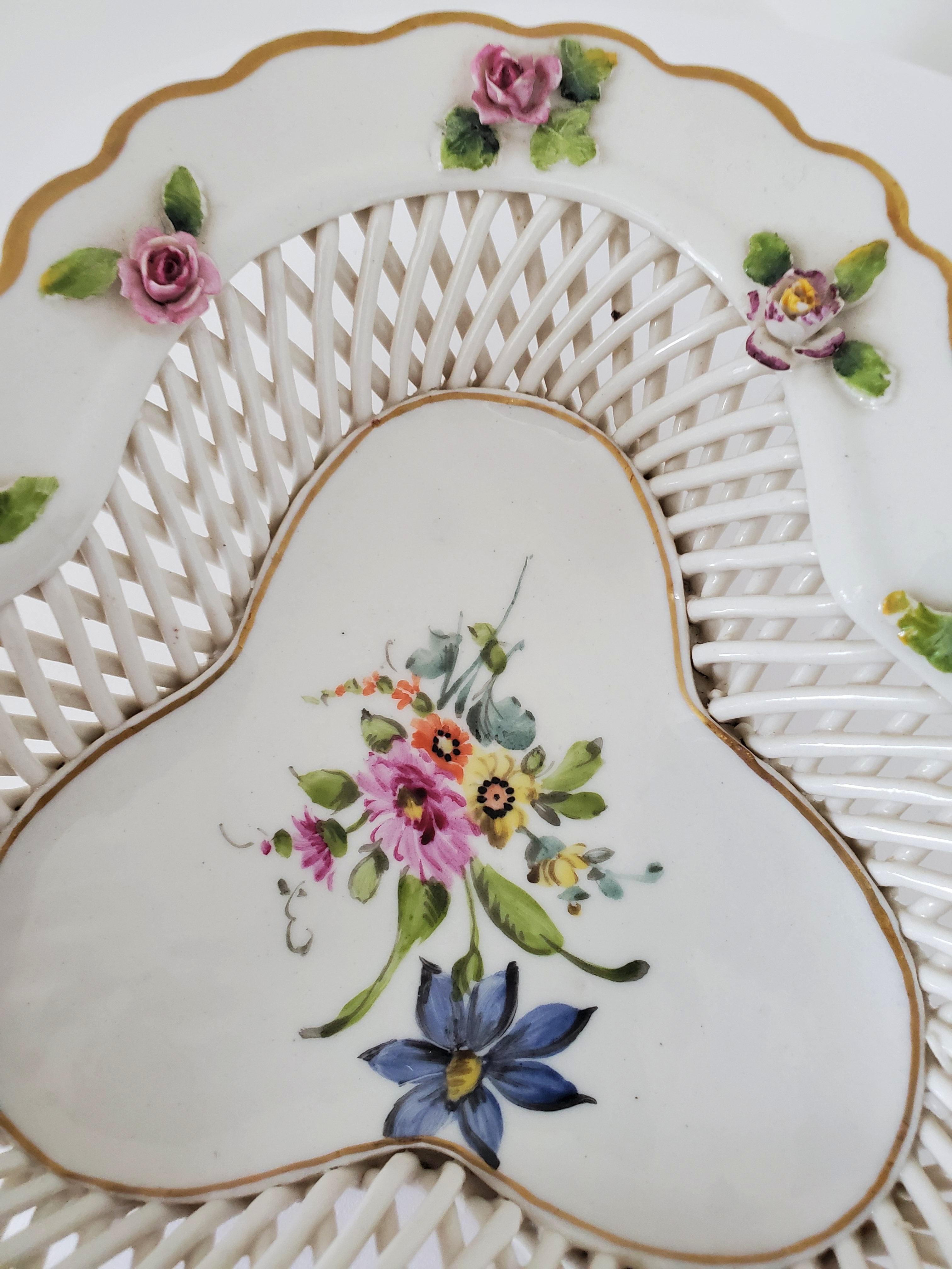 German Antique Von Schierholz Rococo Meissen-Style Floral Encrusted Porcelain Basket For Sale