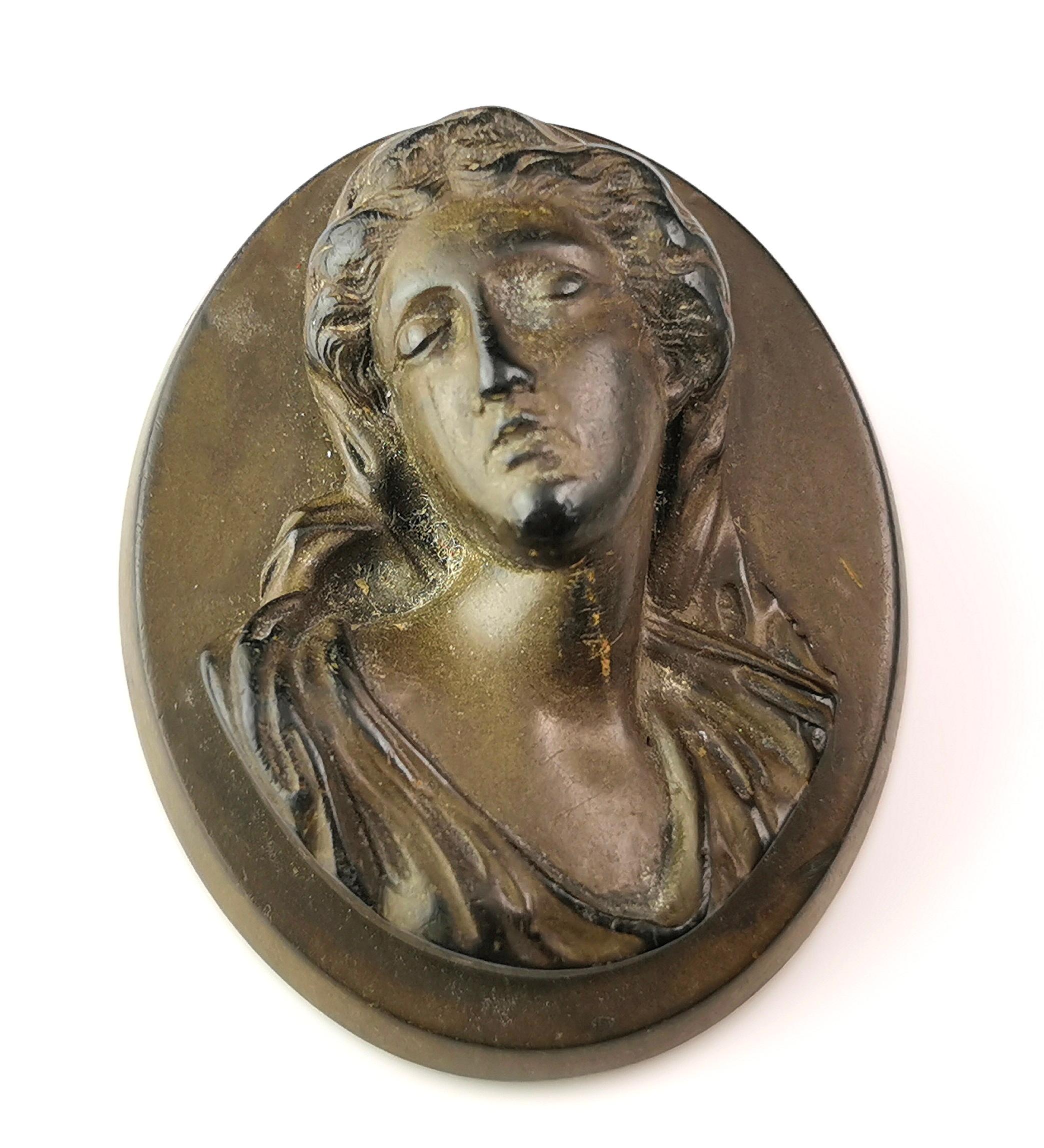 Women's Antique Vulcanite cameo brooch, Victorian  For Sale