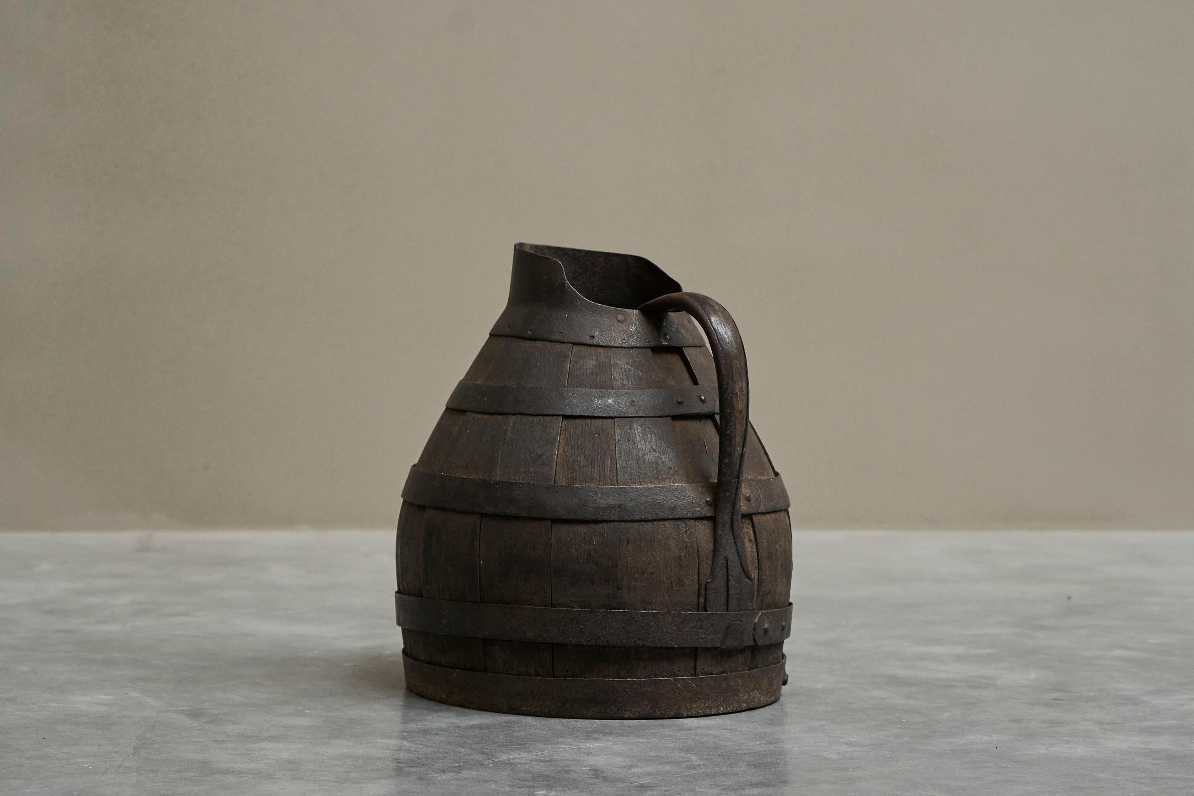 European Antique Wabi Sabi Barrel Jug in Wood and Wrought Iron For Sale