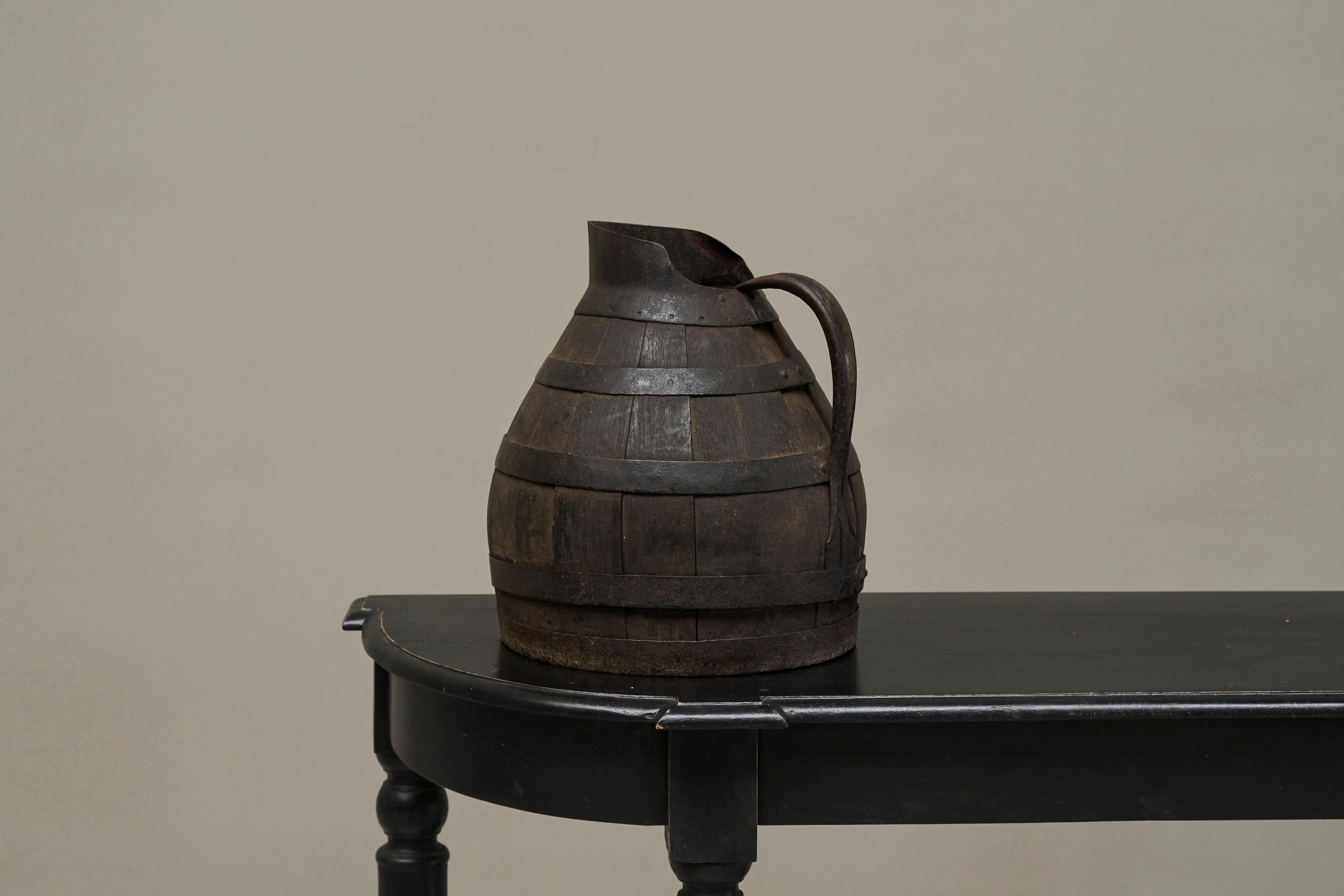 Hand-Crafted Antique Wabi Sabi Barrel Jug in Wood and Wrought Iron For Sale