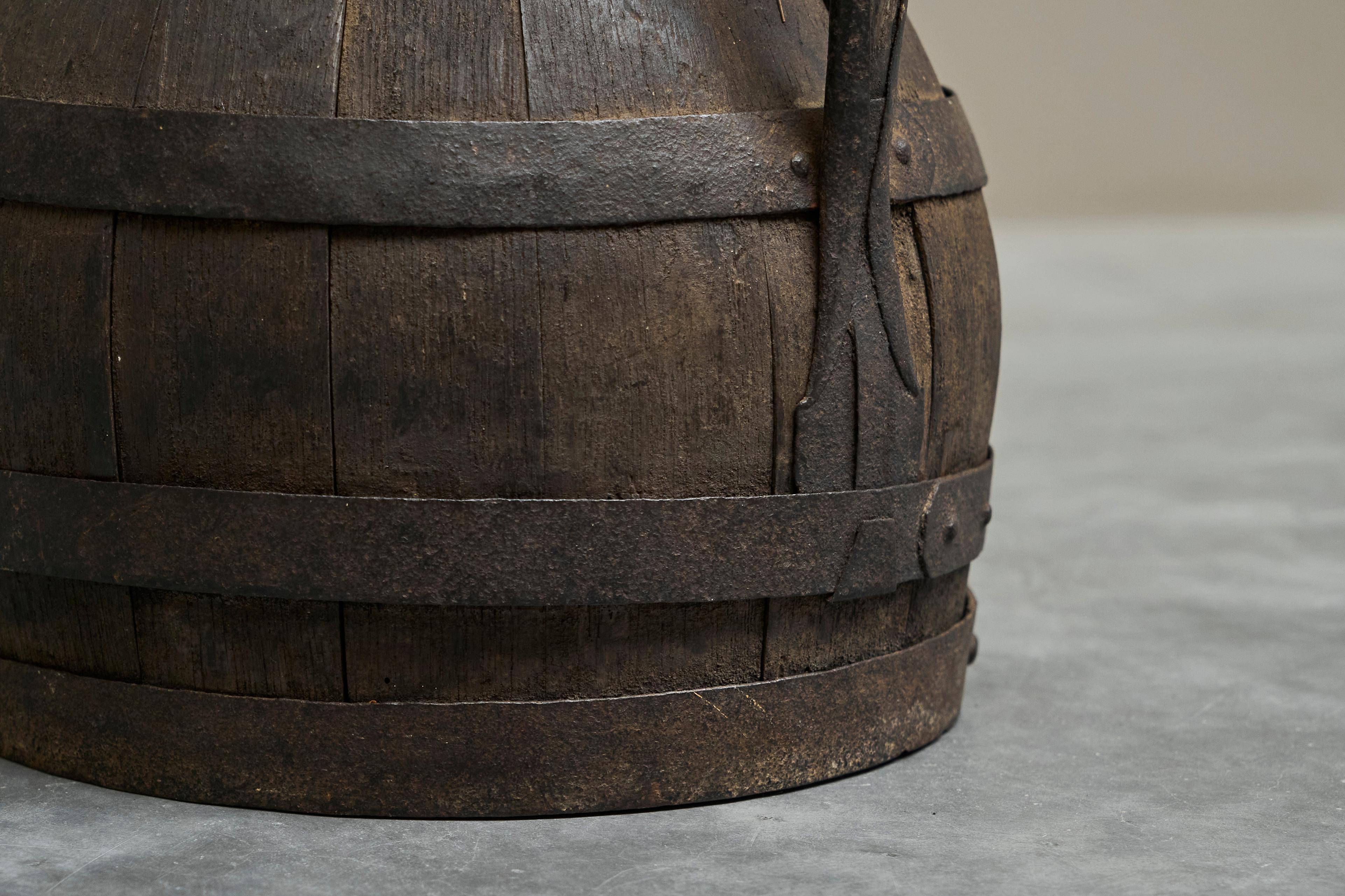 19th Century Antique Wabi Sabi Barrel Jug in Wood and Wrought Iron For Sale