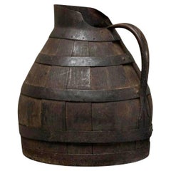 Antique Wabi Sabi Barrel Jug in Wood and Wrought Iron