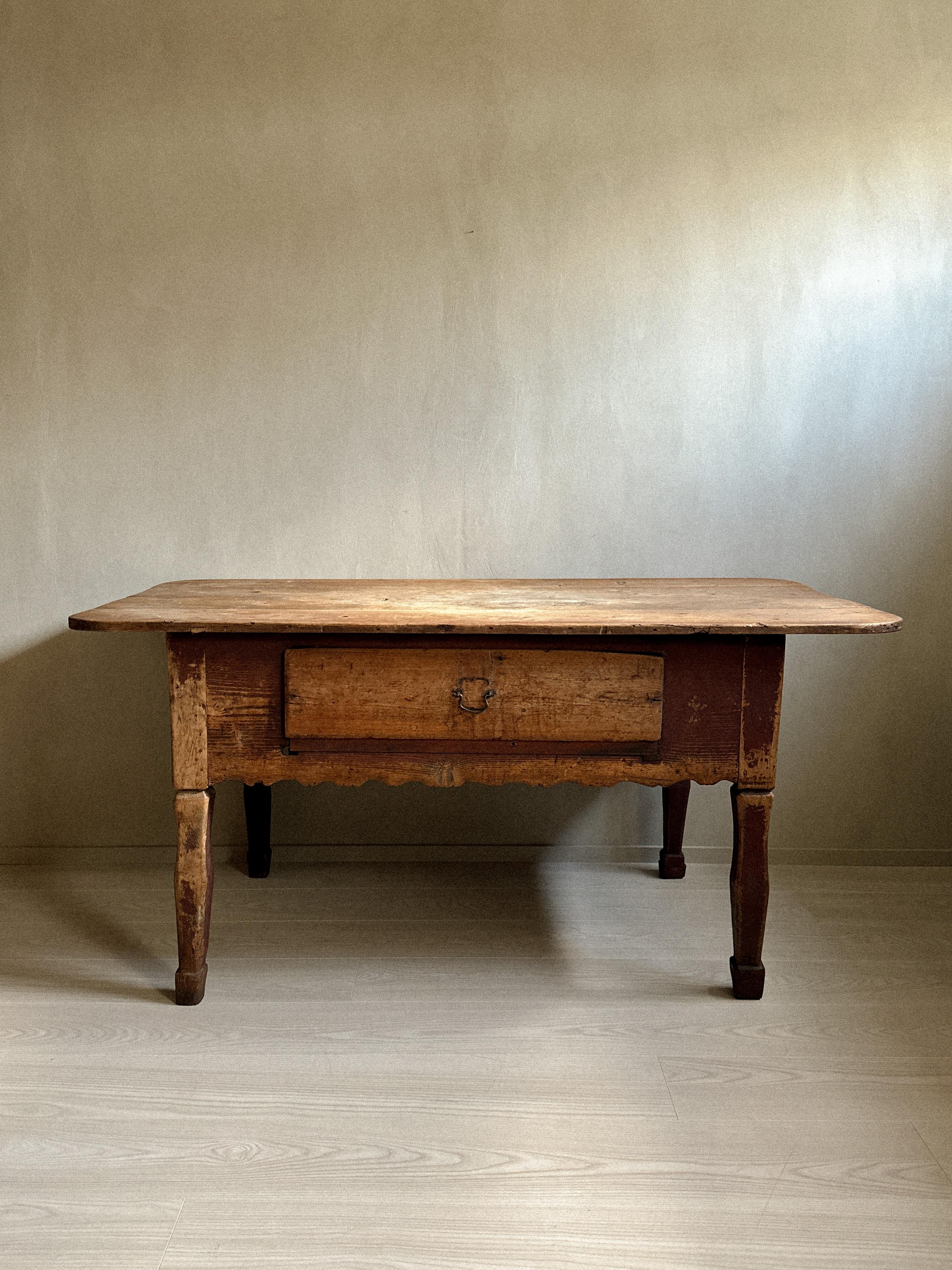 A wonderful antique wabi sabi console table or desk with drawer from Norway, Scandinavia, c. 1800s. Originally red/brown paint on the legs and beautiful patina on the top. 