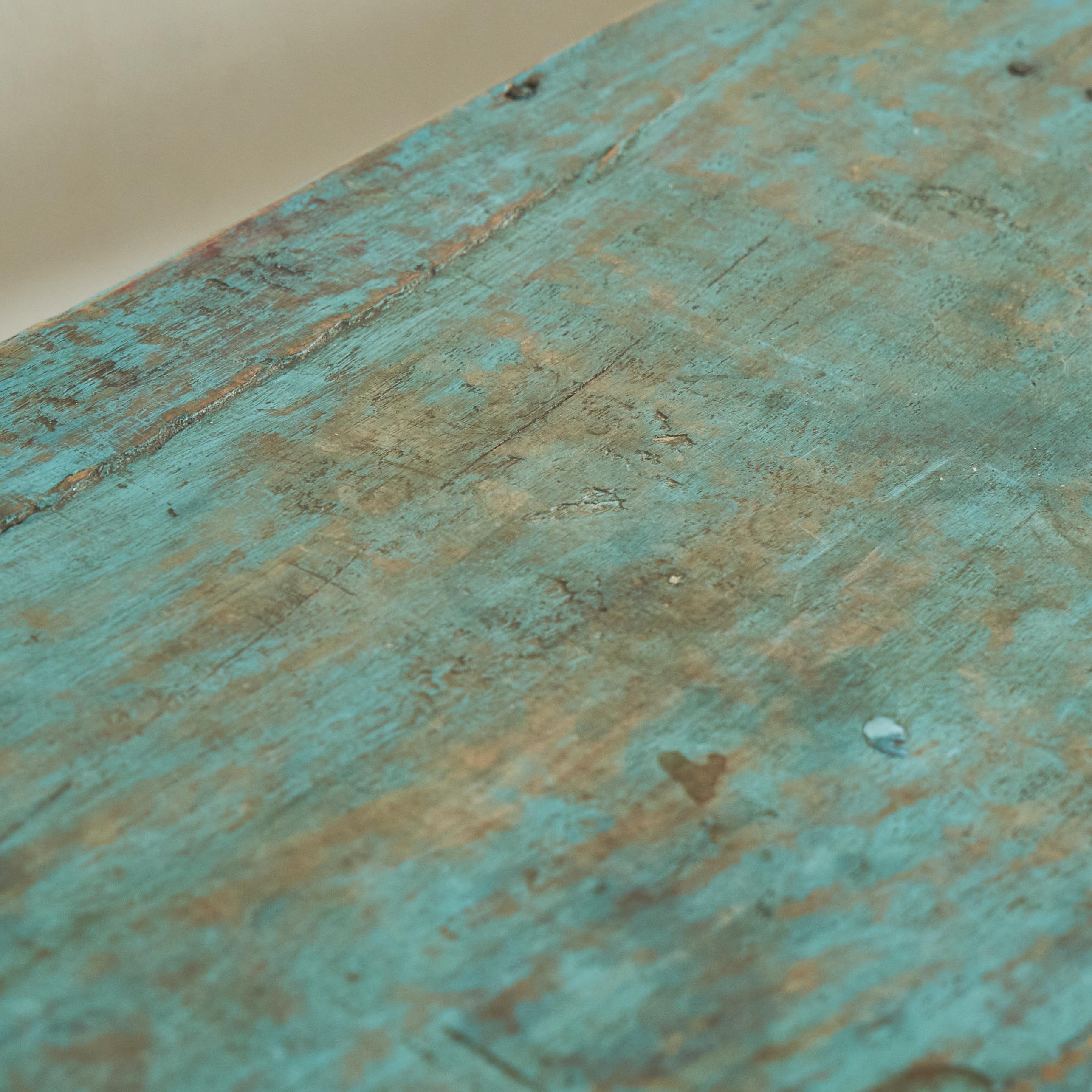 Antique Wabi Sabi Console Table in Worn Turquoise For Sale 2