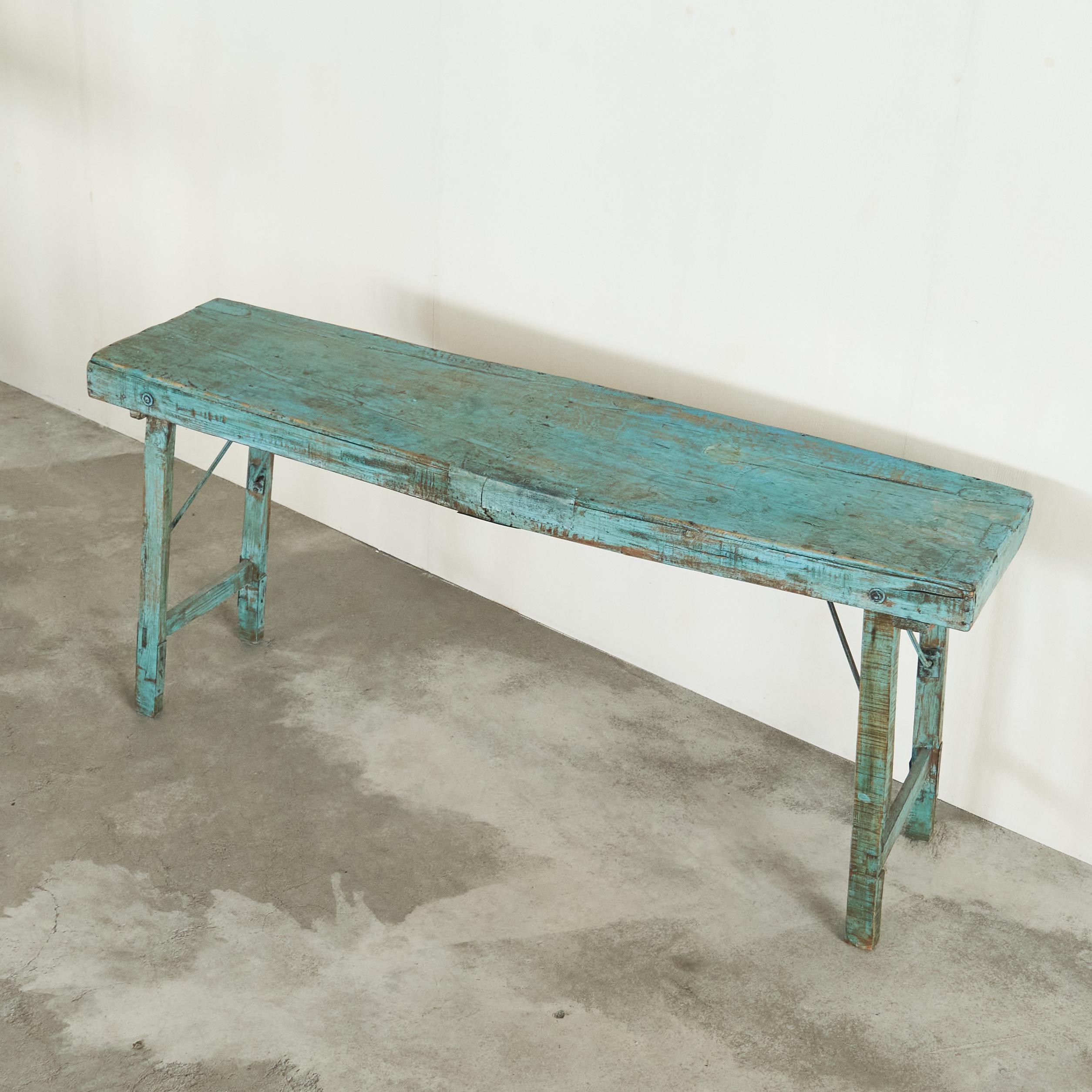 Antique Wabi Sabi Console Table in Worn Turquoise For Sale 3