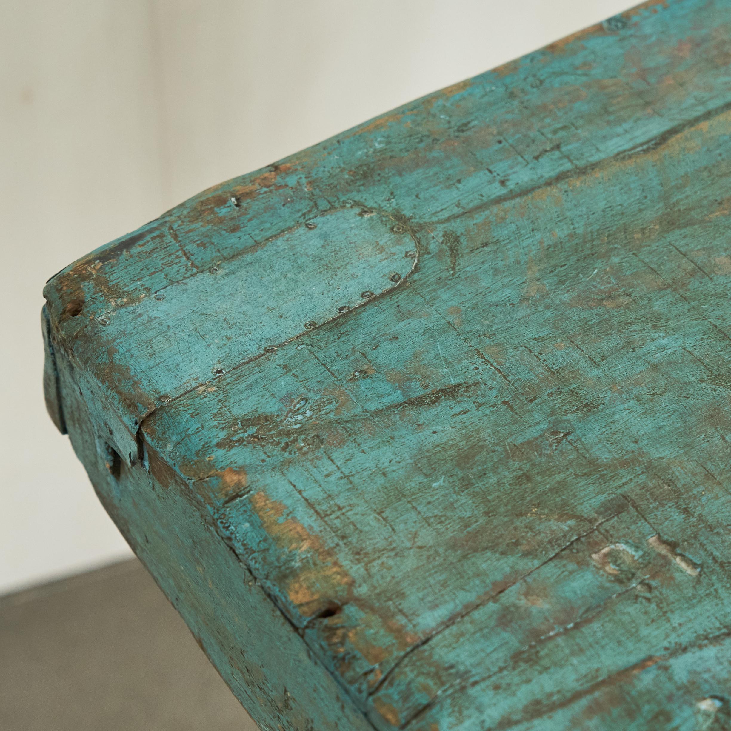 Antique Wabi Sabi Console Table in Worn Turquoise For Sale 4
