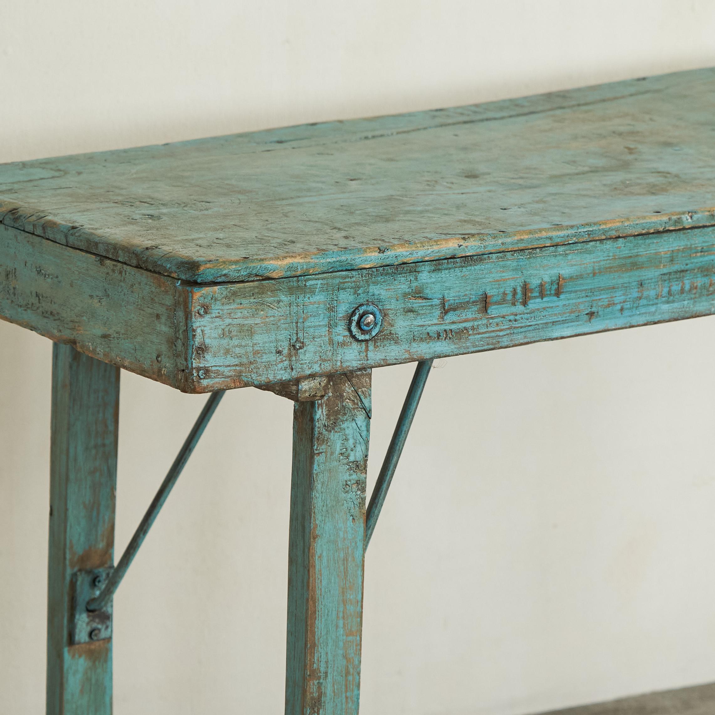 Antique Wabi Sabi Console Table in Worn Turquoise For Sale 6