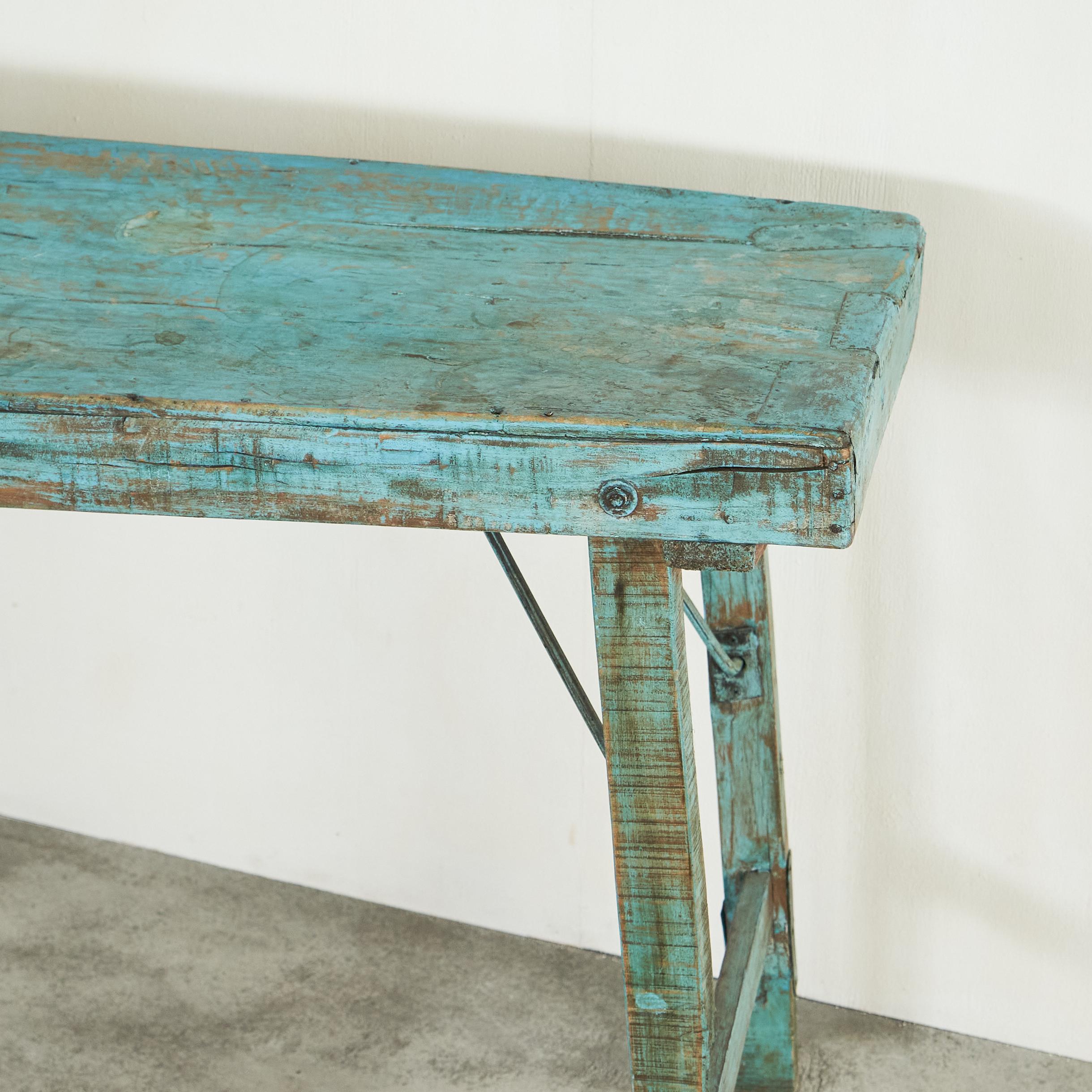 European Antique Wabi Sabi Console Table in Worn Turquoise For Sale