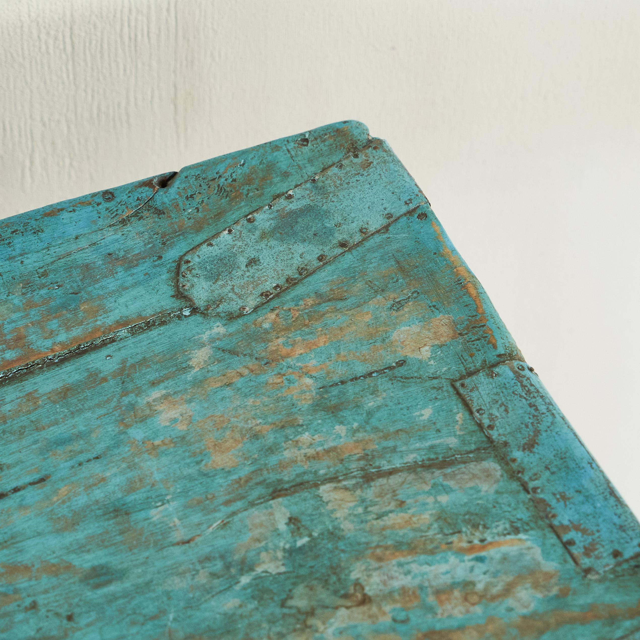 Hand-Crafted Antique Wabi Sabi Console Table in Worn Turquoise For Sale