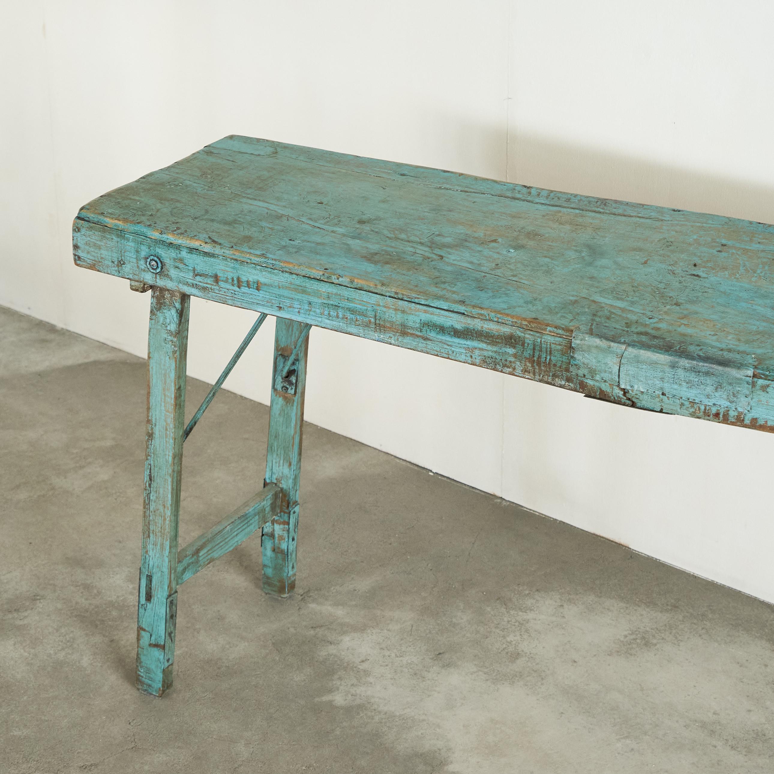 Antique Wabi Sabi Console Table in Worn Turquoise In Good Condition For Sale In Tilburg, NL