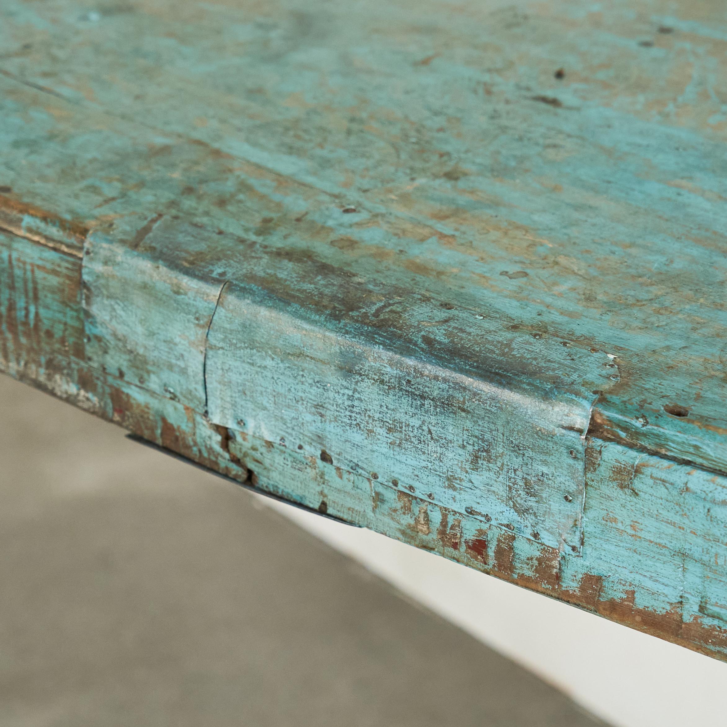 Antique Wabi Sabi Console Table in Worn Turquoise For Sale 1
