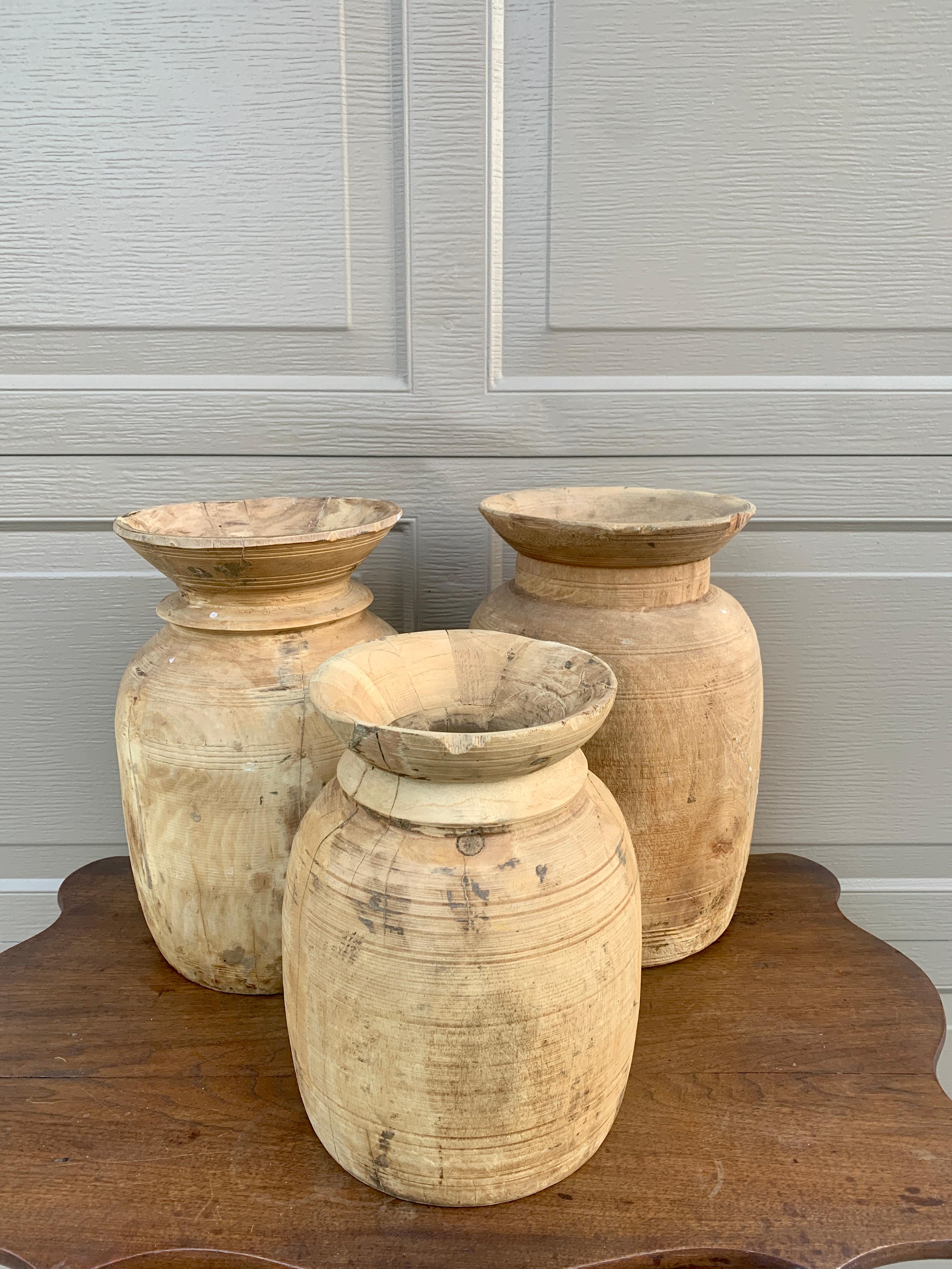 Antique Wabi-Sabi Hand Turned Bleached Raw Wooden Vessels, Set of 3 For Sale 3