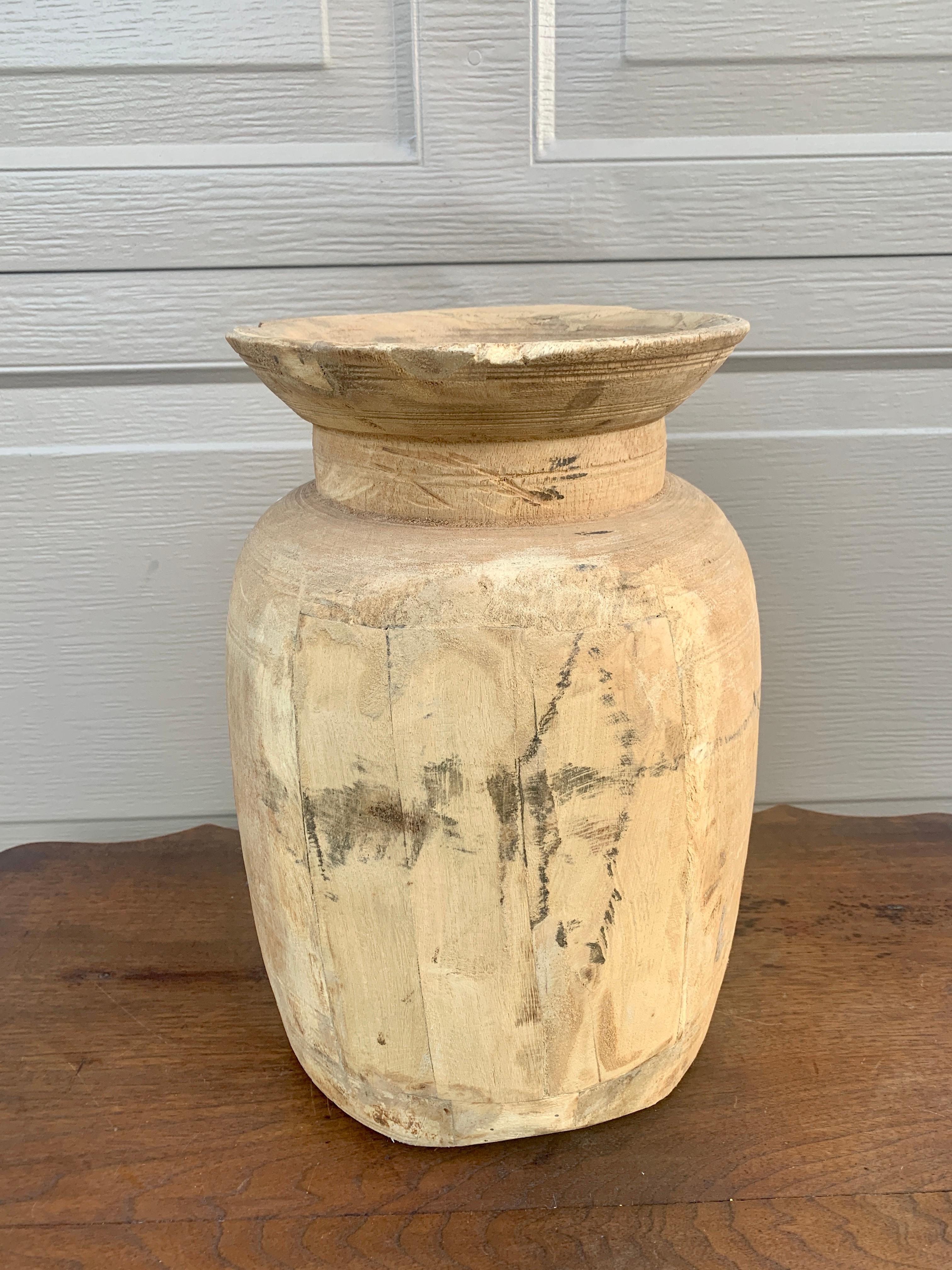 Organic Modern Antique Wabi-Sabi Hand Turned Bleached Raw Wooden Vessels, Set of 3 For Sale