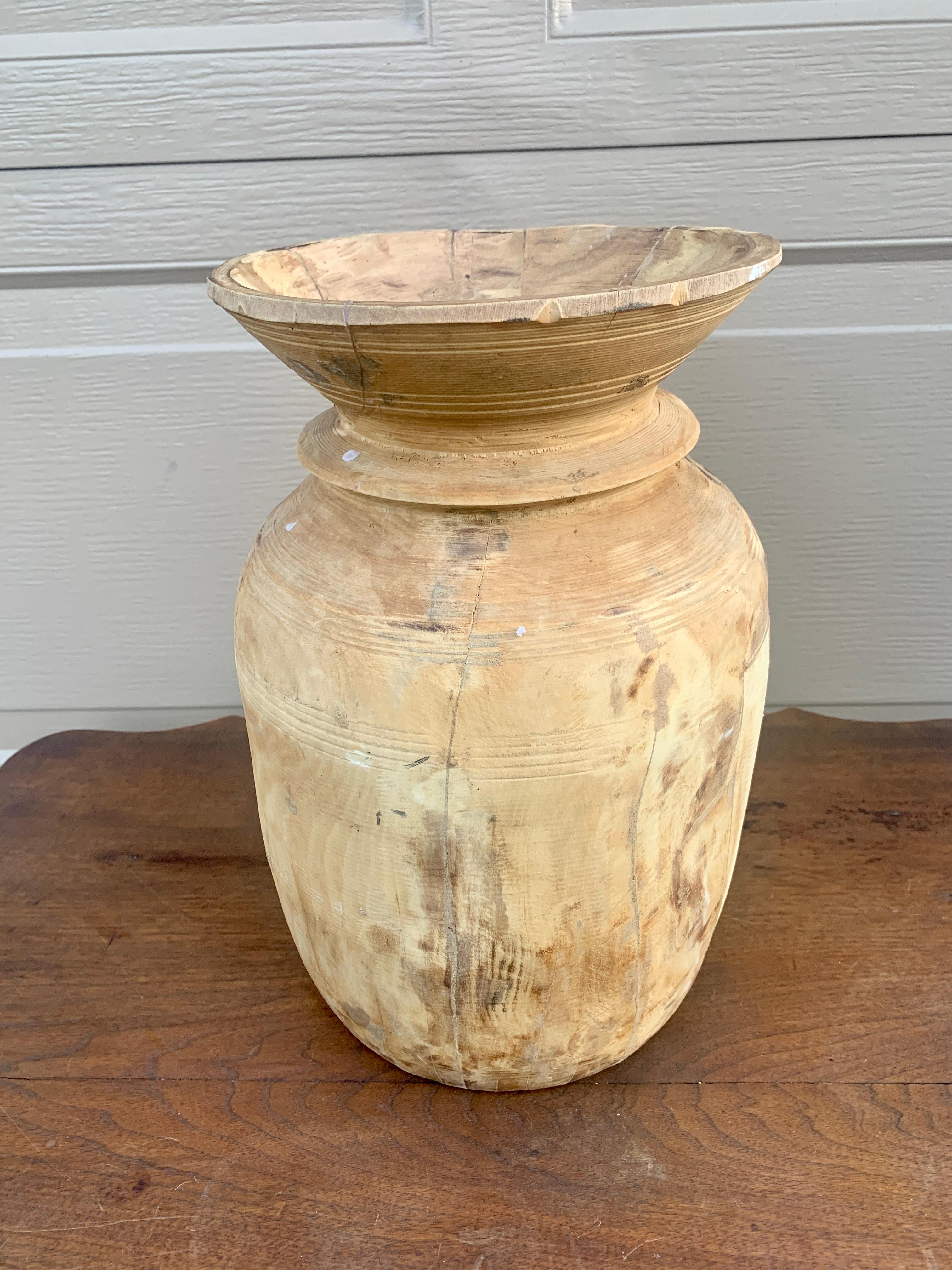 Antique Wabi-Sabi Hand Turned Bleached Raw Wooden Vessels, Set of 3 In Good Condition For Sale In Elkhart, IN