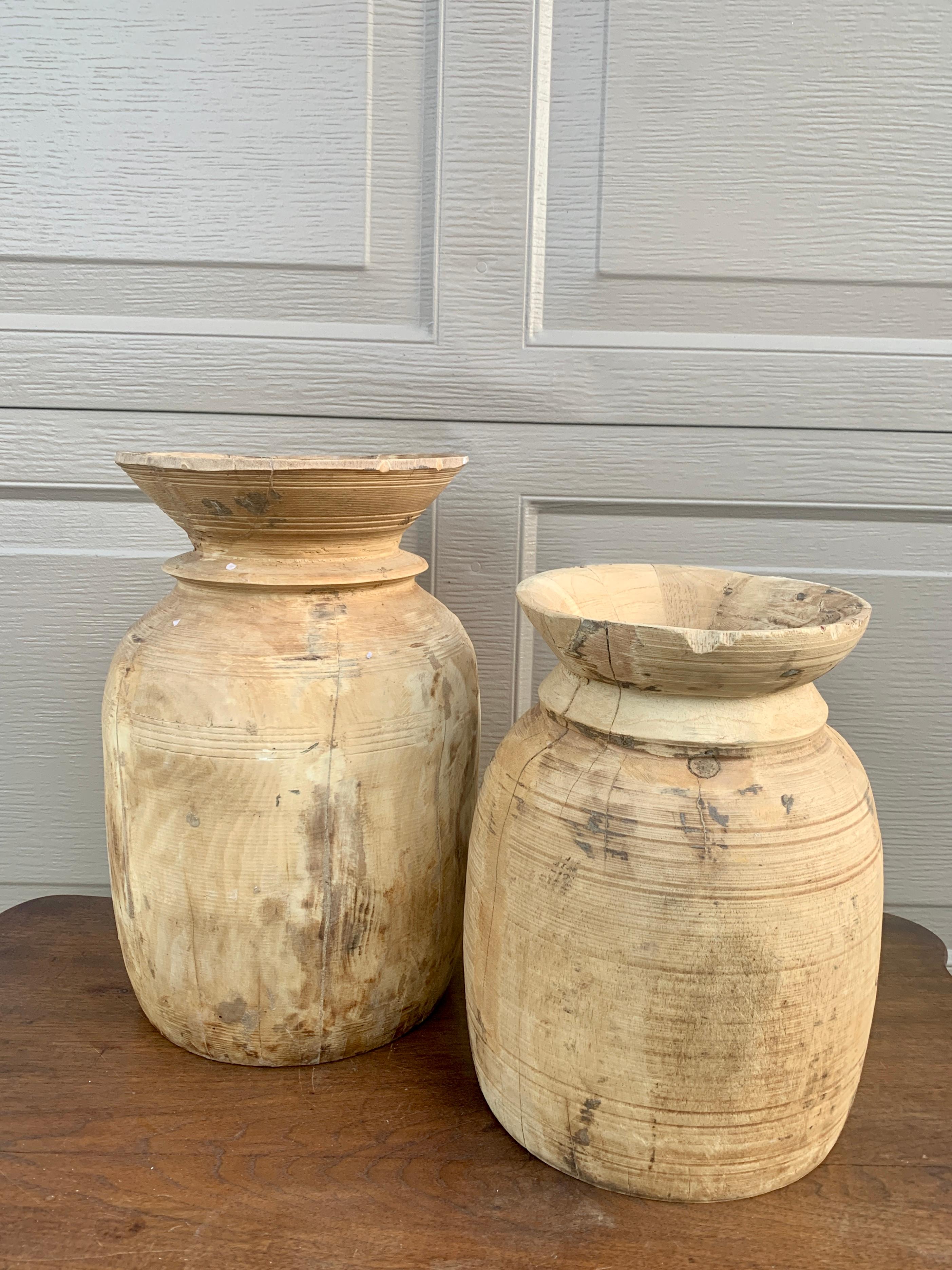 Antique Wabi-Sabi Hand Turned Bleached Raw Wooden Vessels, Set of 3 For Sale 2
