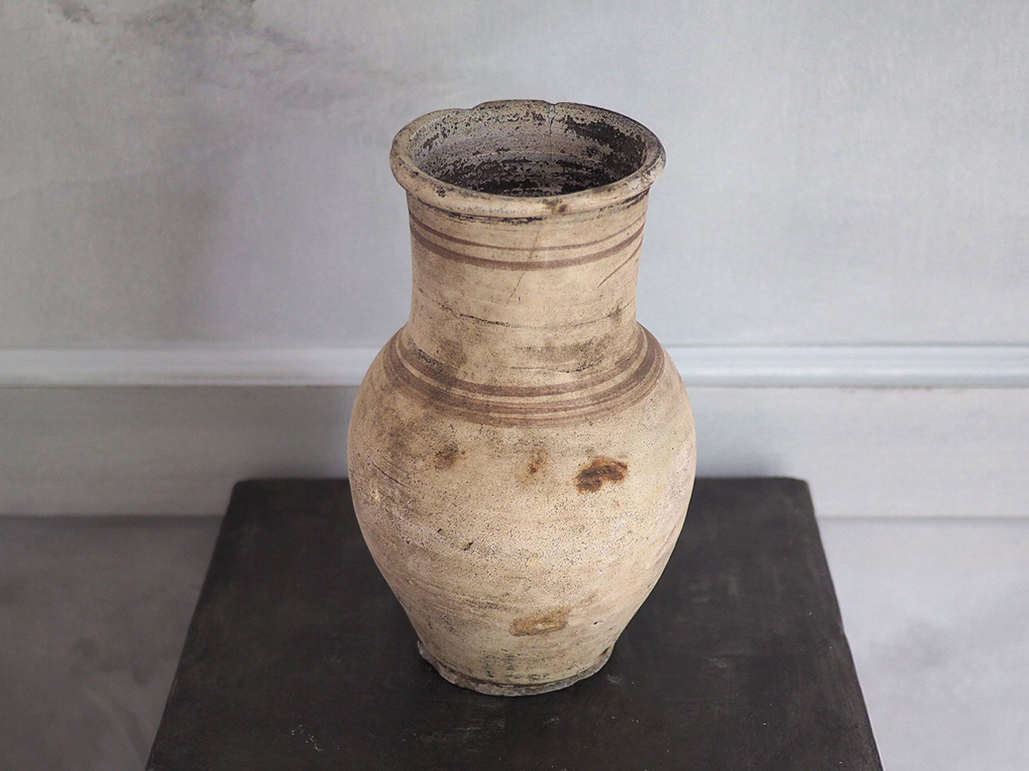 19th century antique wabi sabi natural clay amphora. White clay with decorative painted rings, beautiful patina.