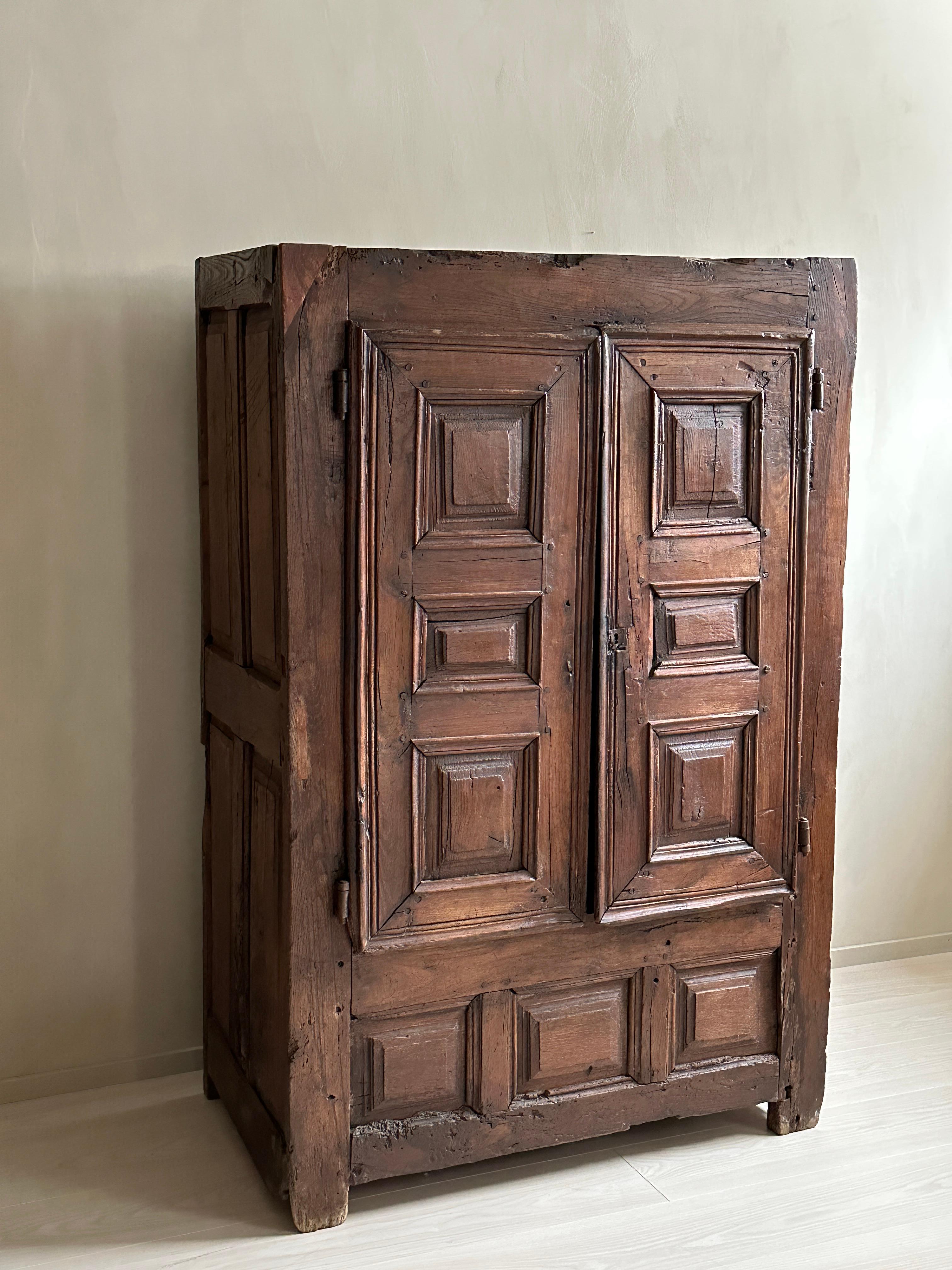 Hand-Crafted Antique Wabi Sabi Oak Cabinet, France, 1700s