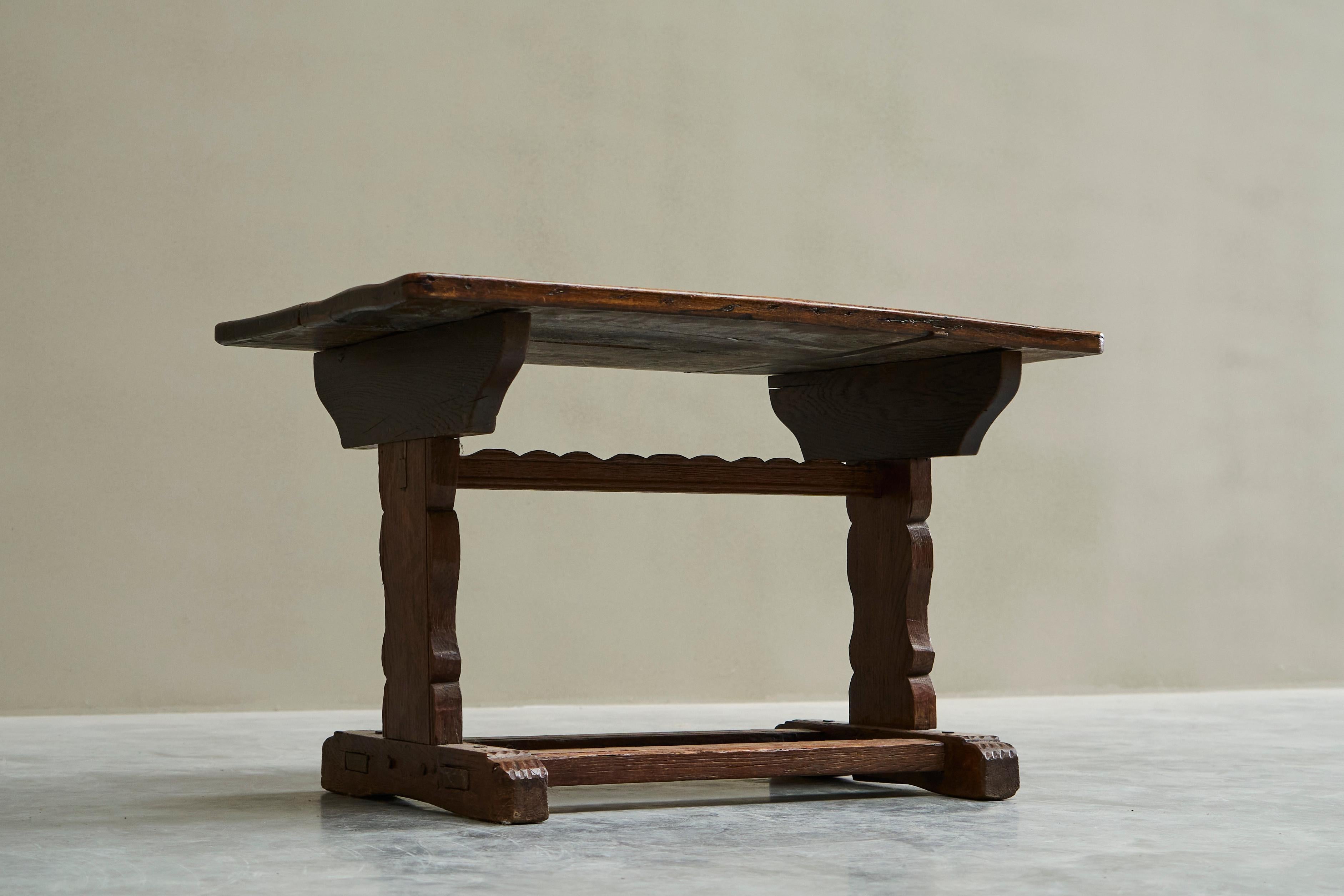 Antique Wabi Sabi Style Trestle Side Table in Solid Oak For Sale 3