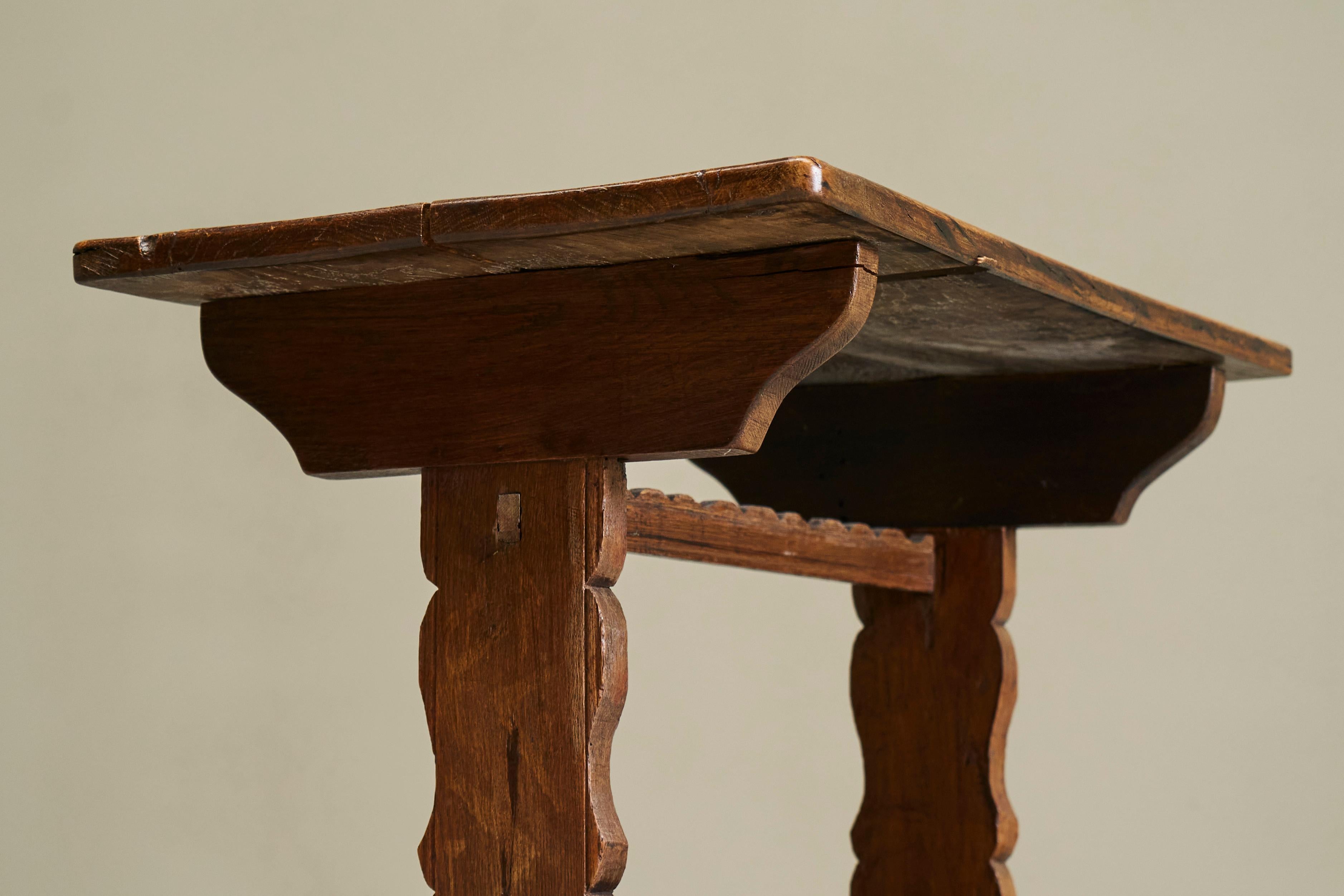 Antique Wabi Sabi Style Trestle Side Table in Solid Oak For Sale 6