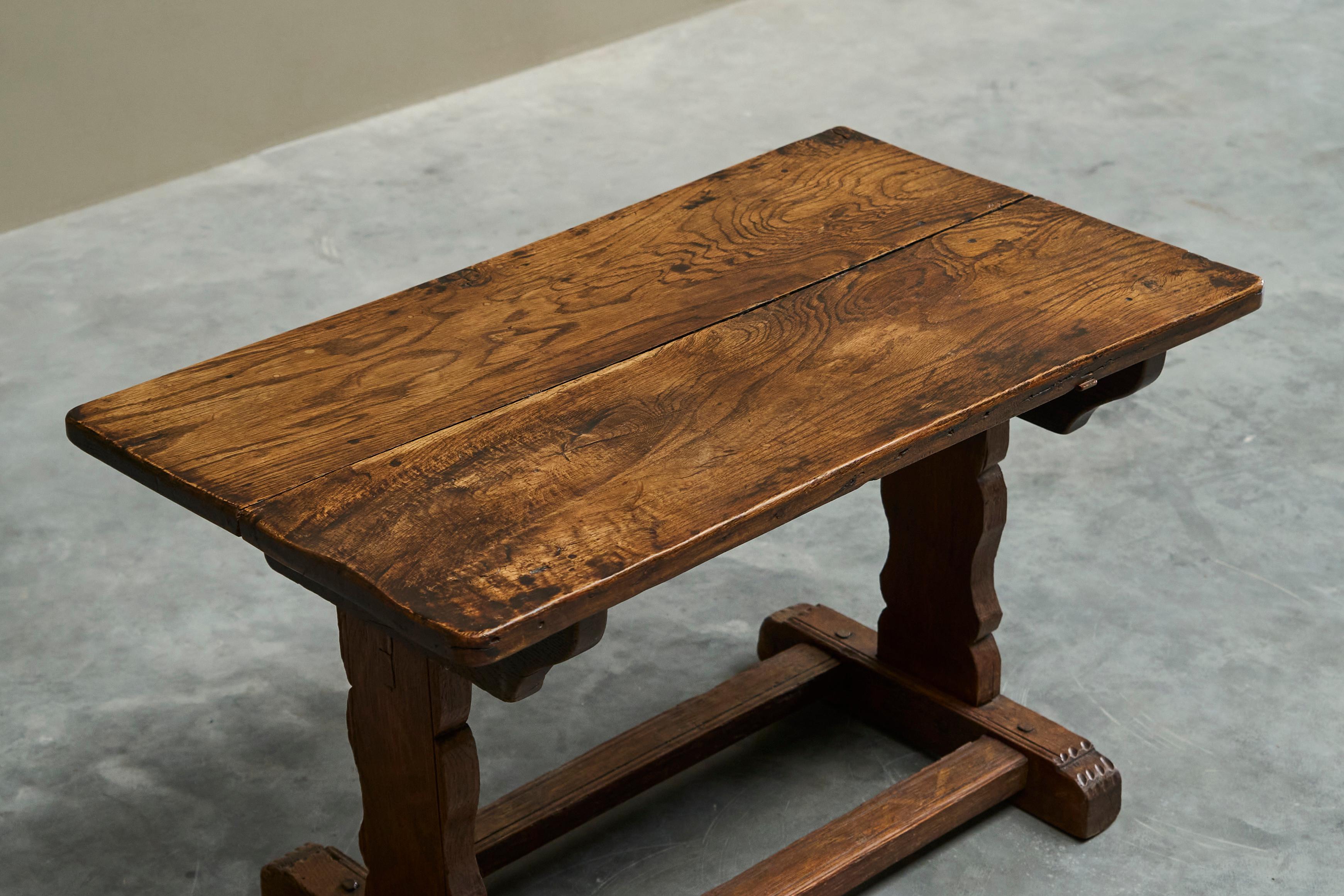 European Antique Wabi Sabi Style Trestle Side Table in Solid Oak For Sale