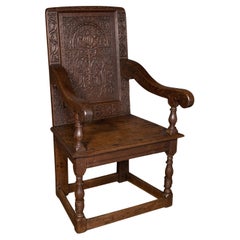 Antique Wainscote Armchair, Scottish, Oak, Carved Throne Chair, Georgian, C.1750